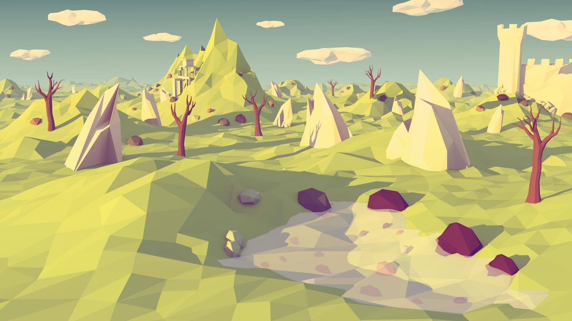 Low poly landscape with mountains, rocks, trees, and castle HD Wallpaper