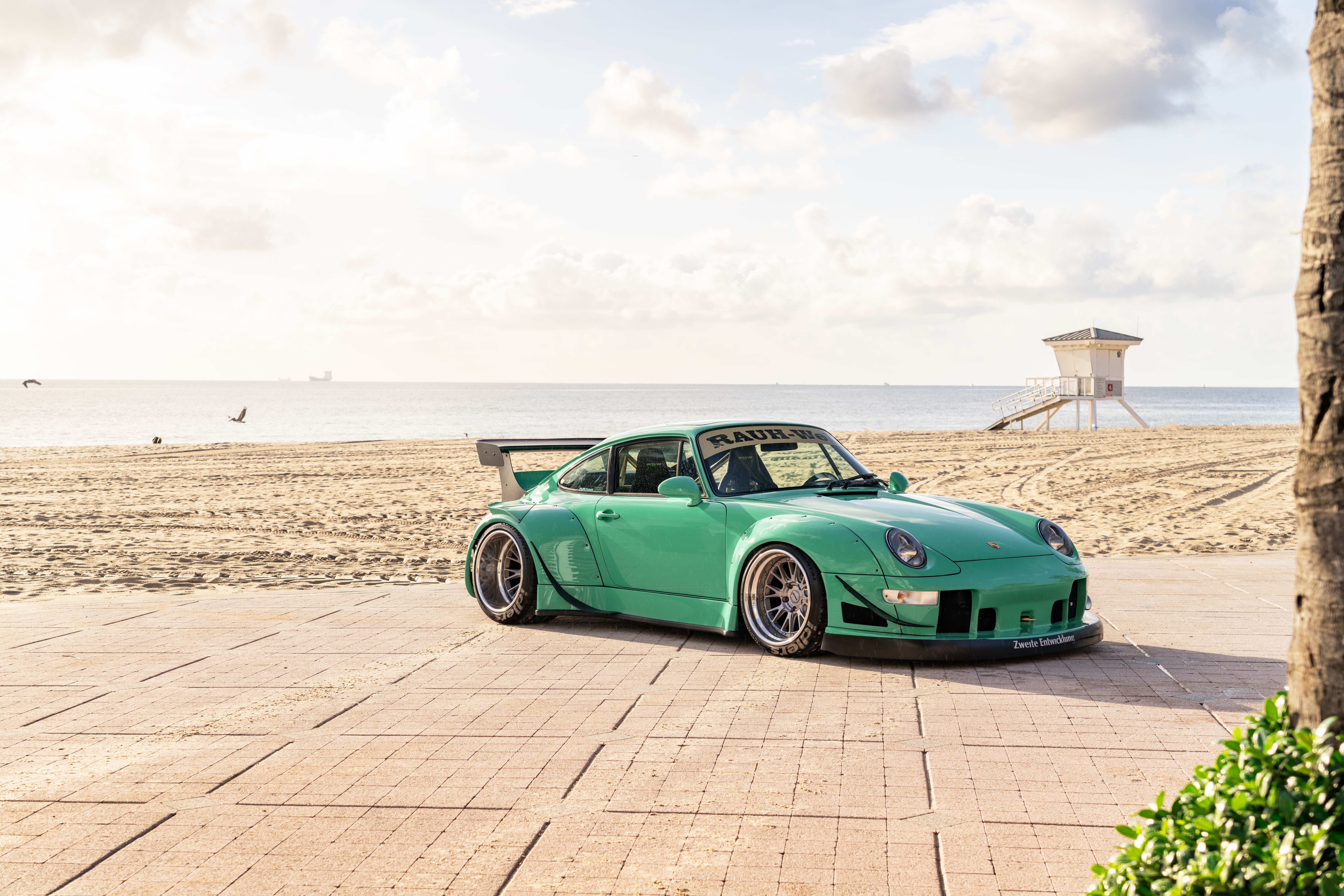 Green Porsche 993 RWB on a Beach Boardwalk HD Wallpaper