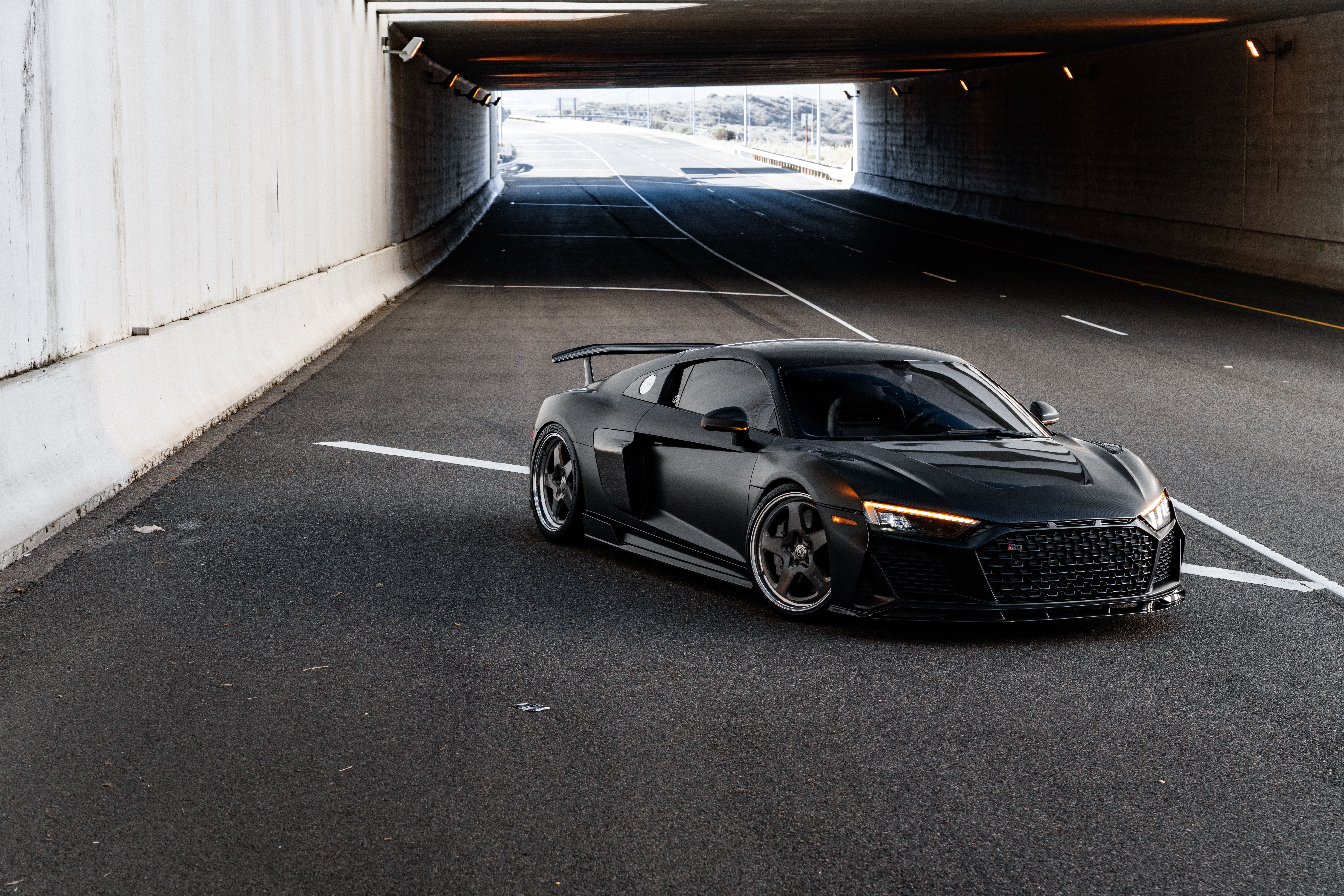 Matte Black Audi R8 V10 in Tunnel HD Wallpaper