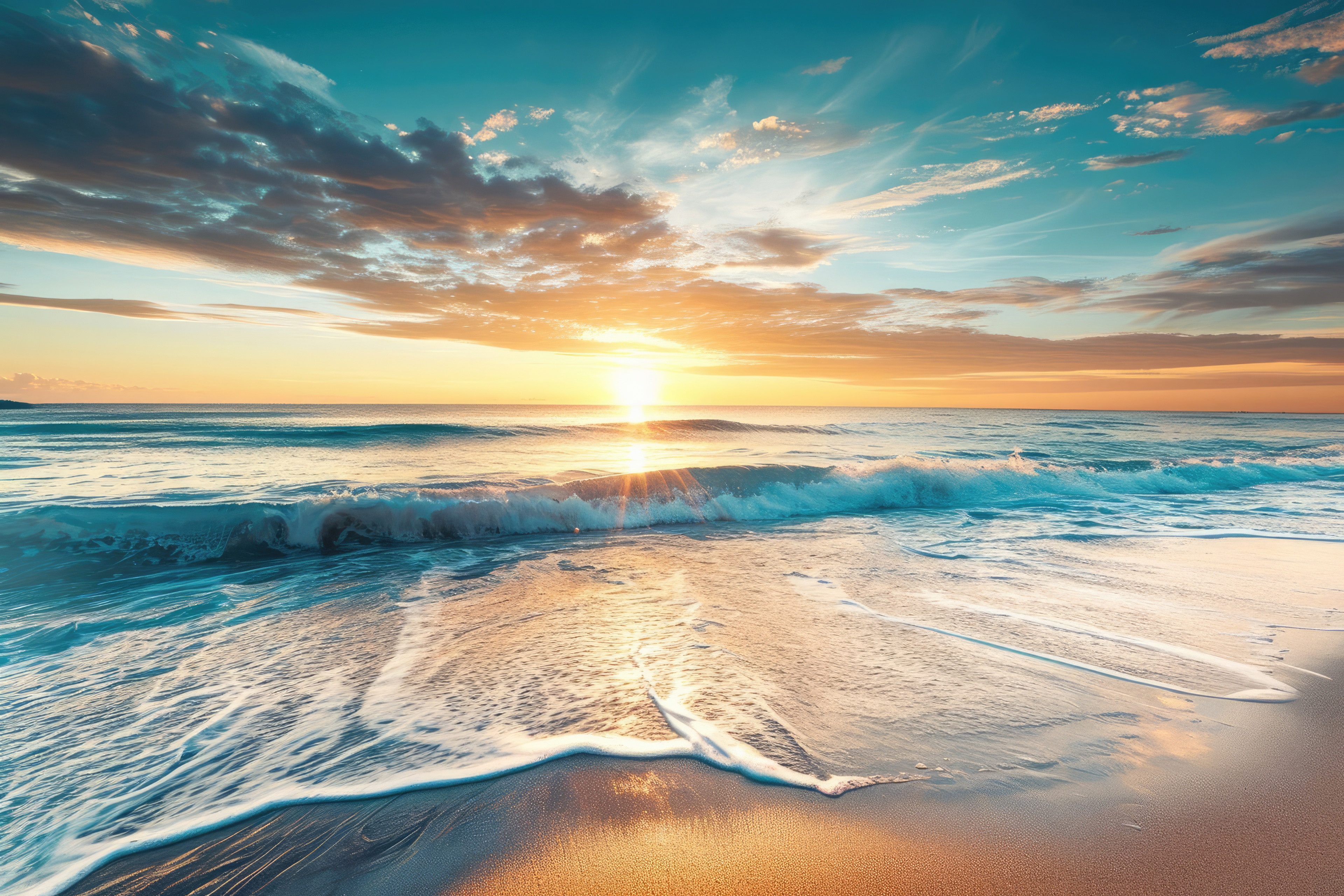 Ocean waves crashing on a beach at sunset HD Wallpaper