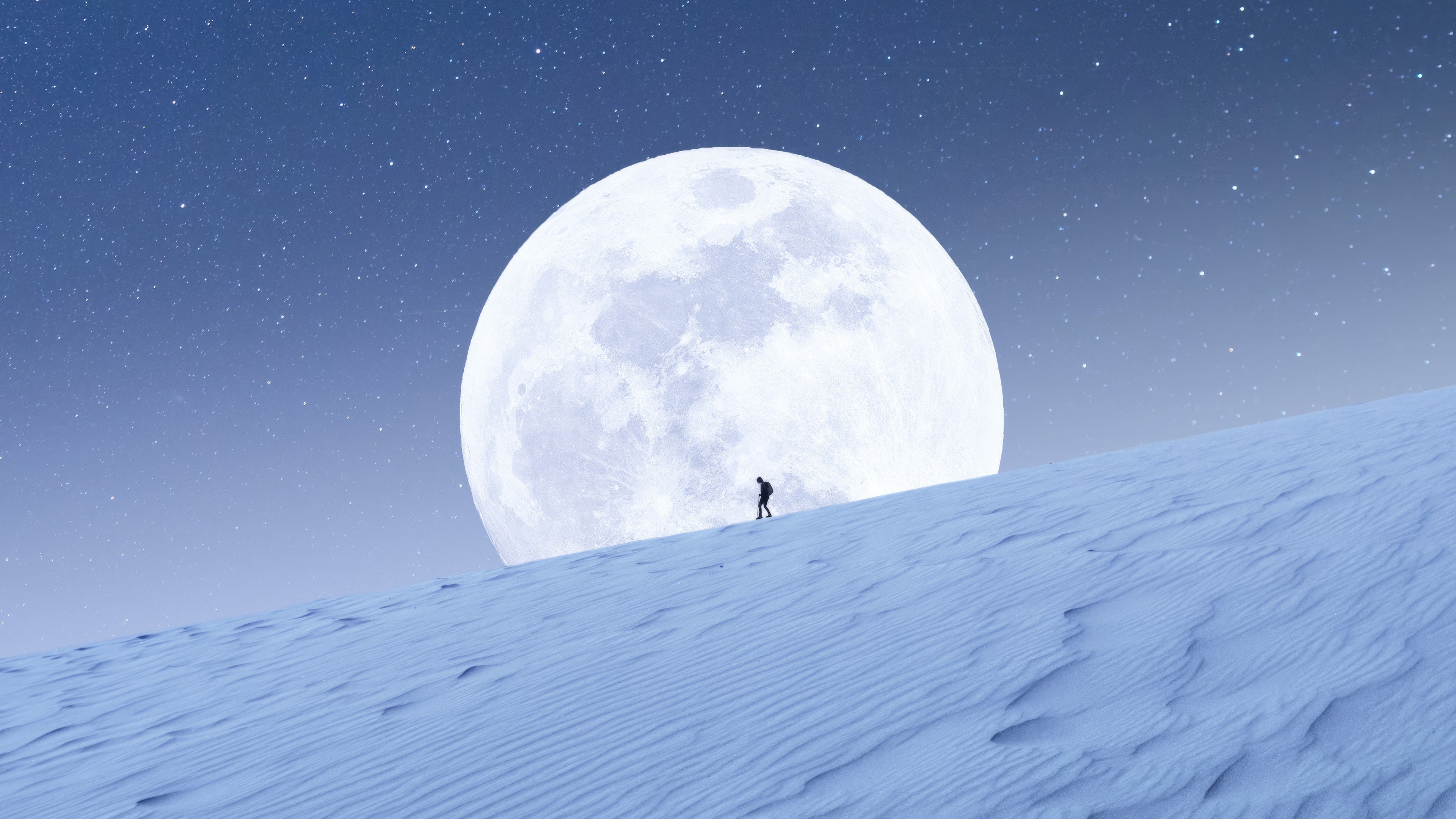 Person walking on sand dune towards giant moon HD Wallpaper