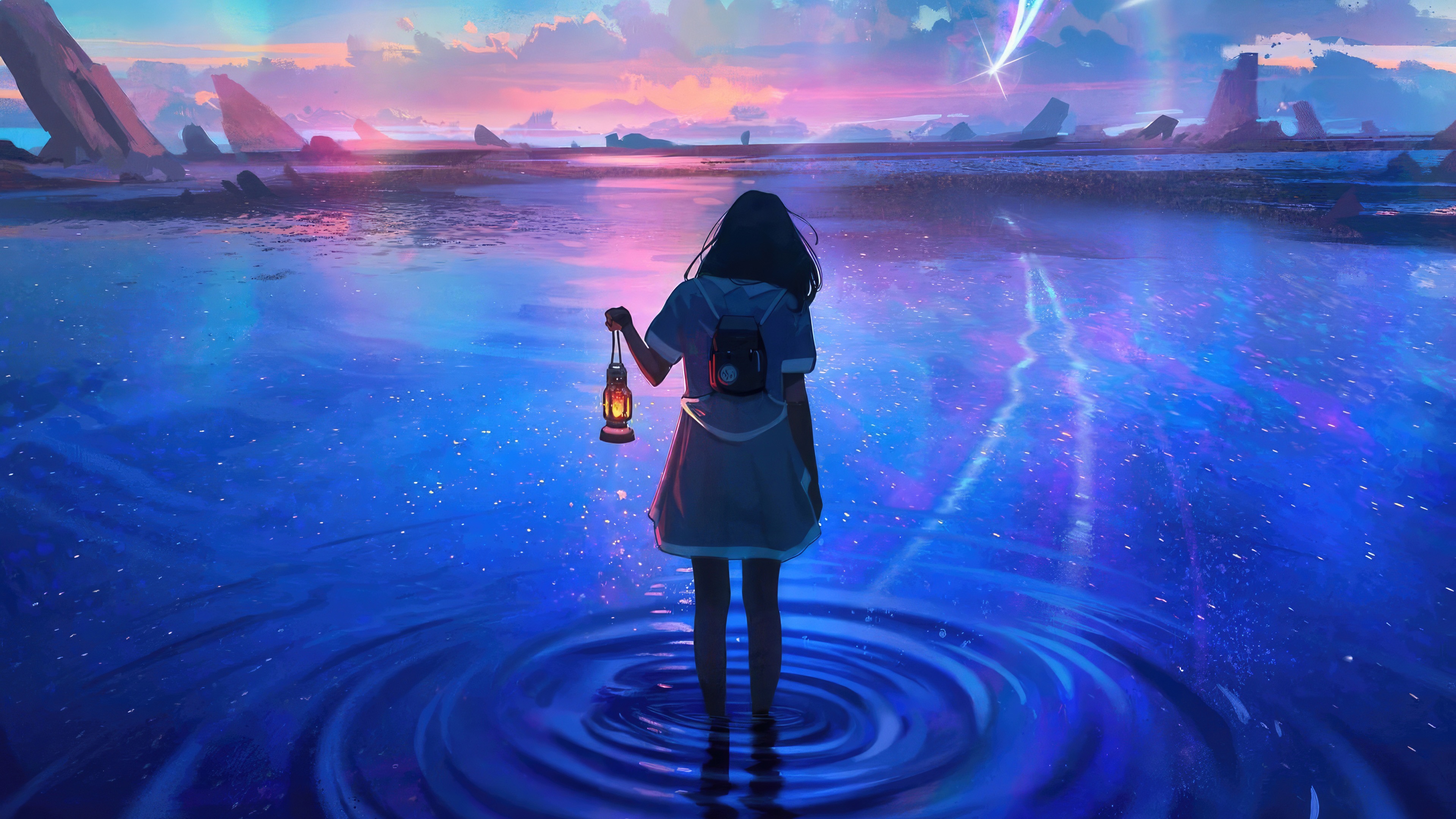 Girl holding lantern walking through stardust waters HD Wallpaper