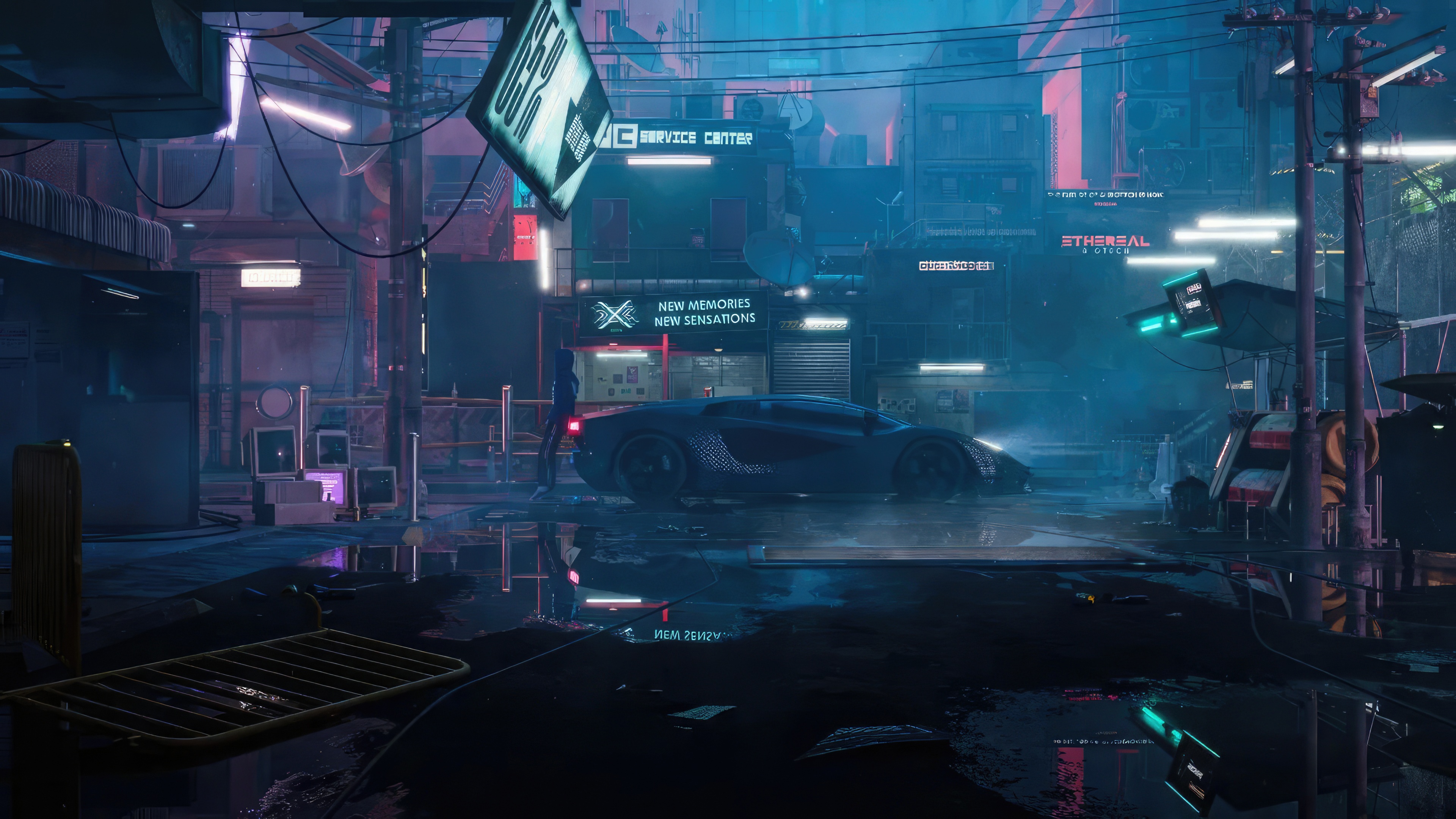Cyberpunk City Street with Sports Car HD Wallpaper