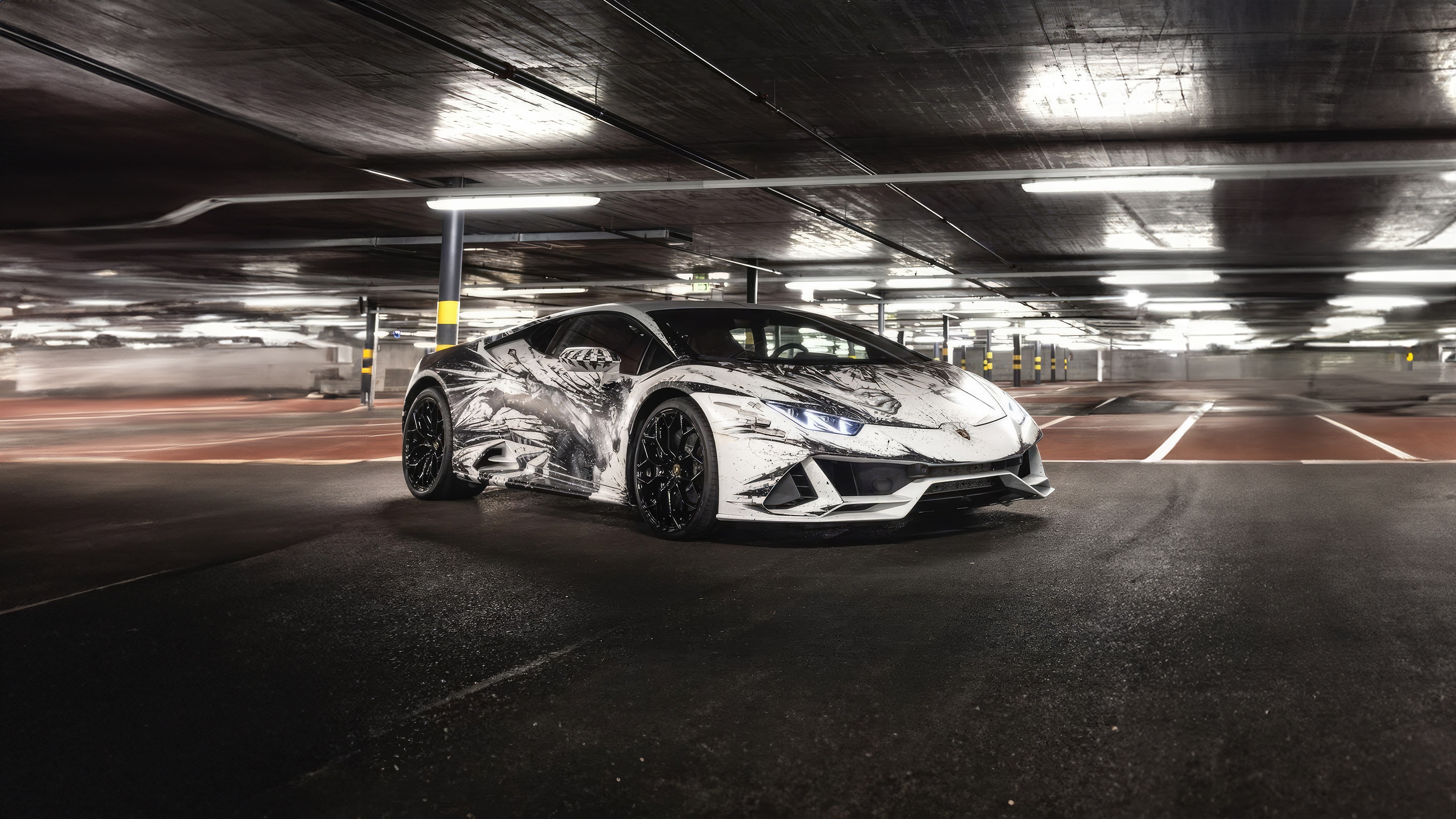 Lamborghini Huracan with abstract livery in parking garage HD Wallpaper