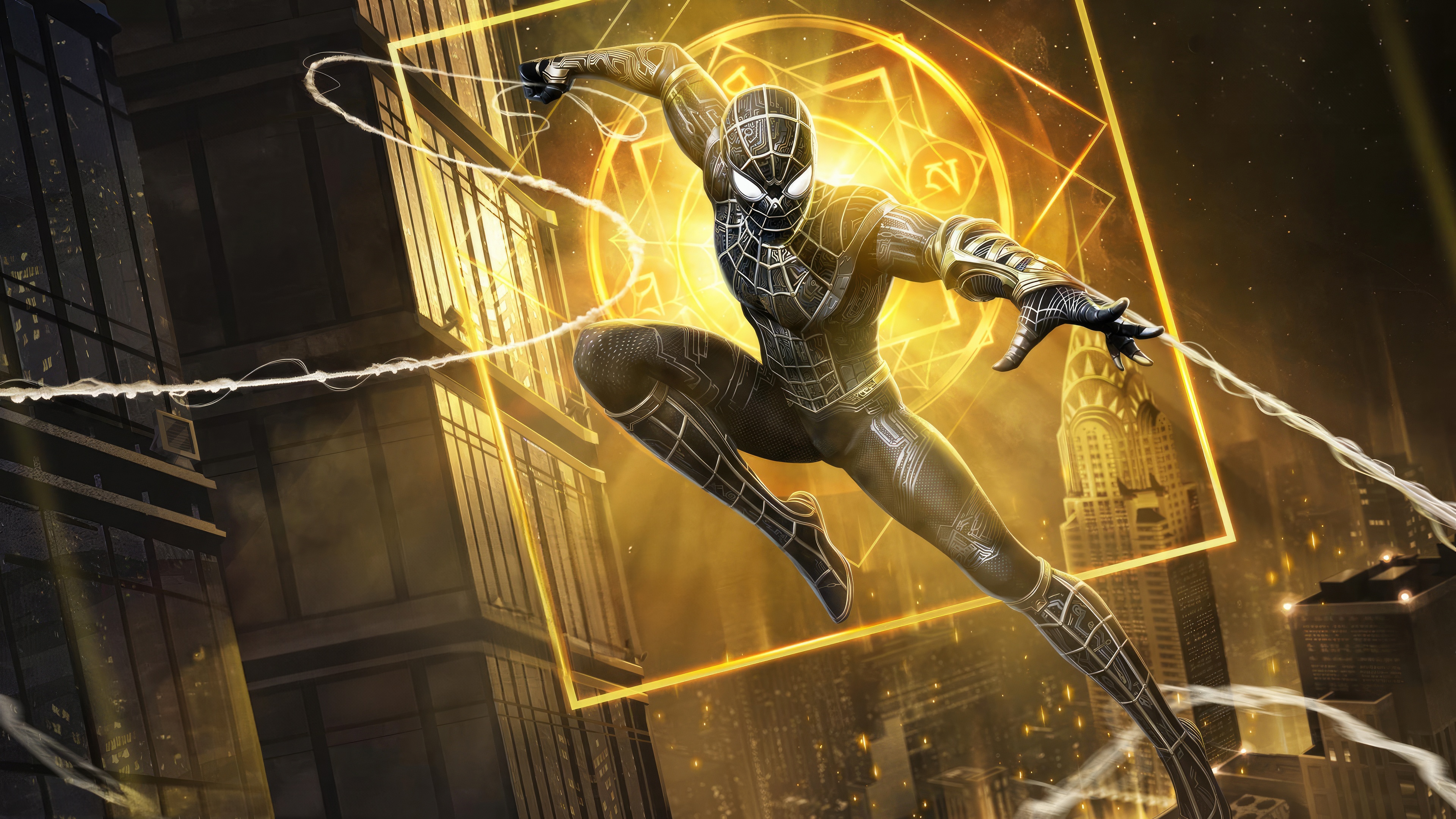 Spider-Man in Black and Gold Suit with Magic Circle HD Wallpaper