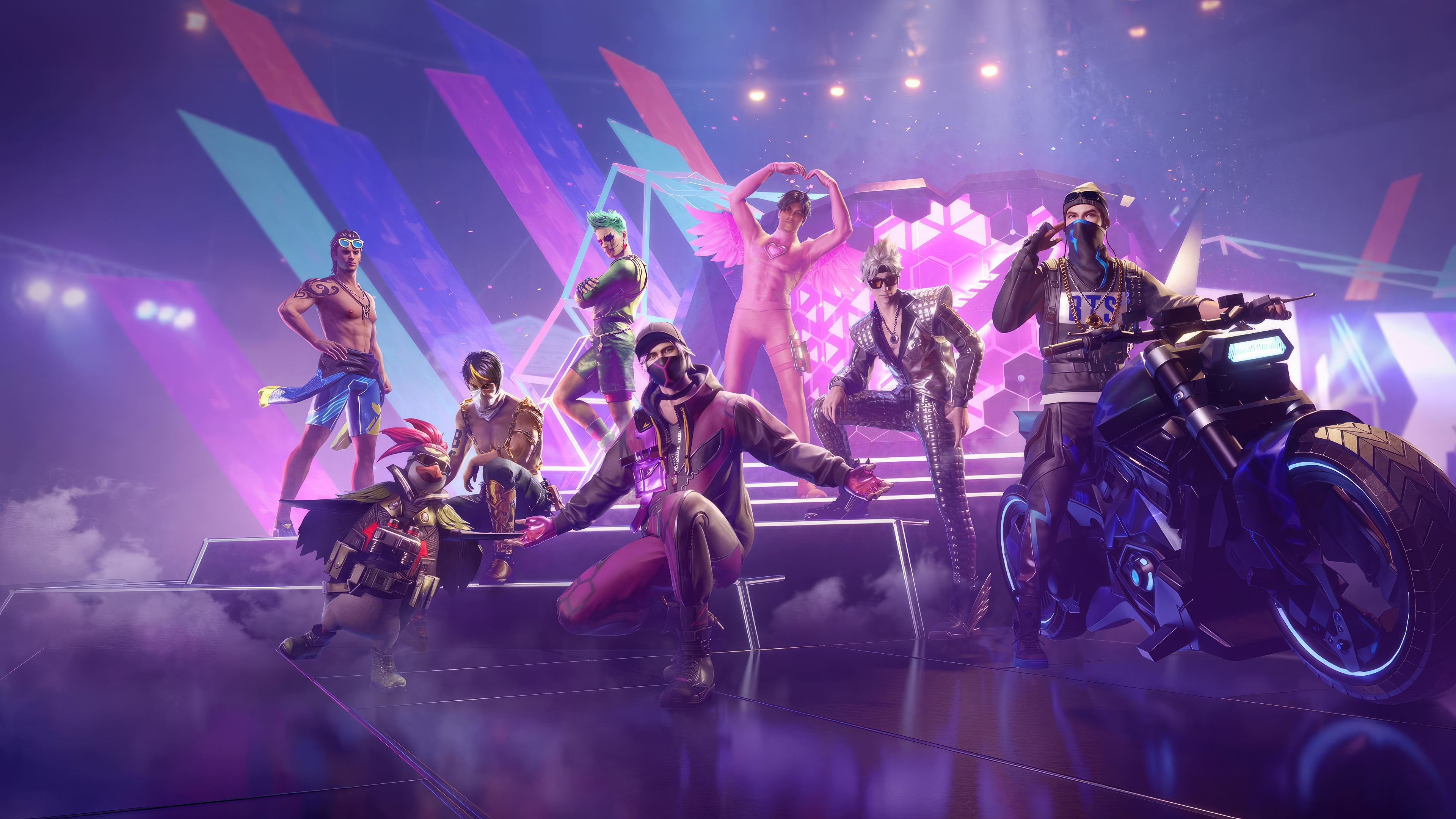 Garena Free Fire characters on a stage with a motorcycle HD Wallpaper