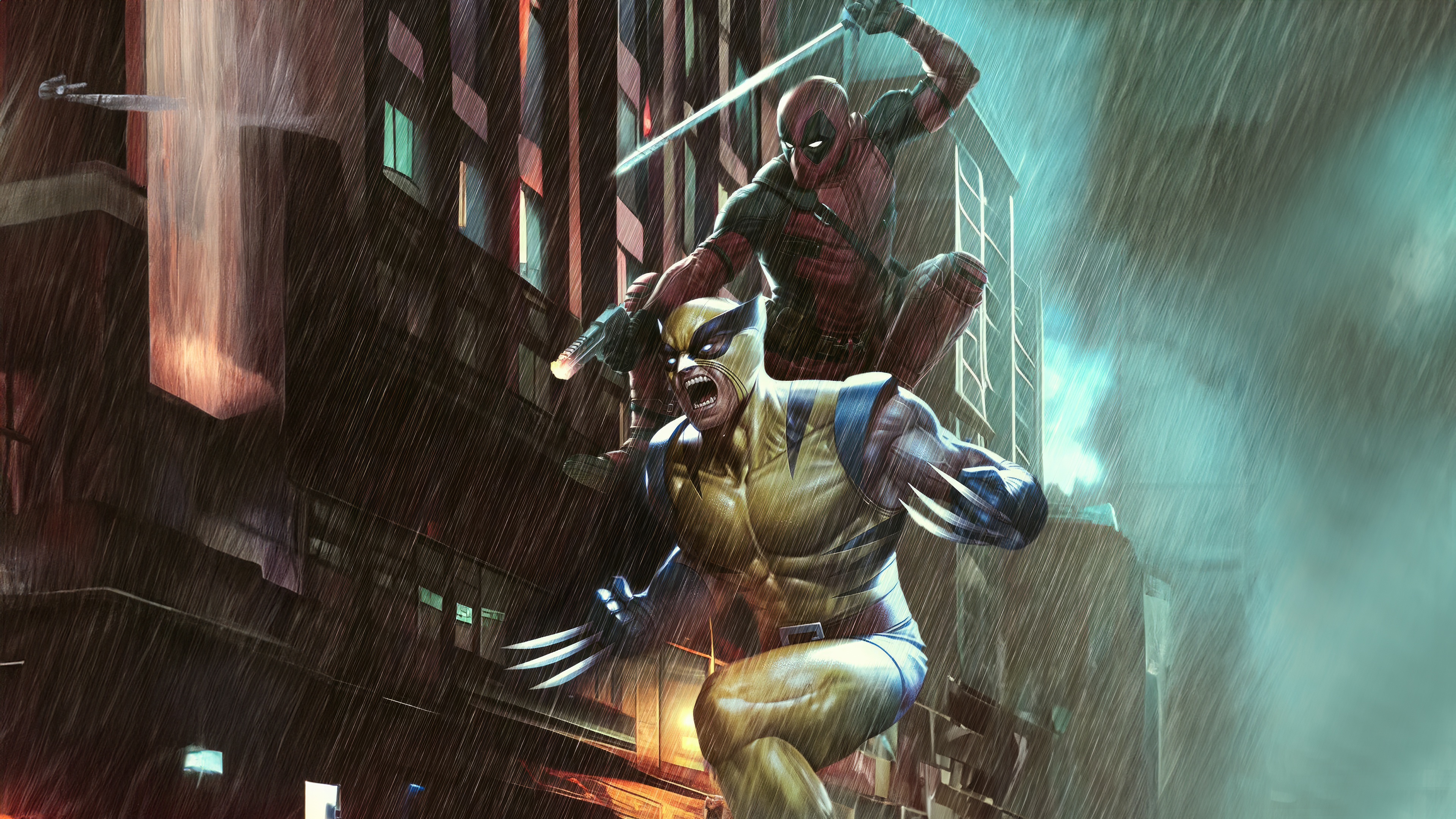 Deadpool and Wolverine in a city during a rainstorm HD Wallpaper