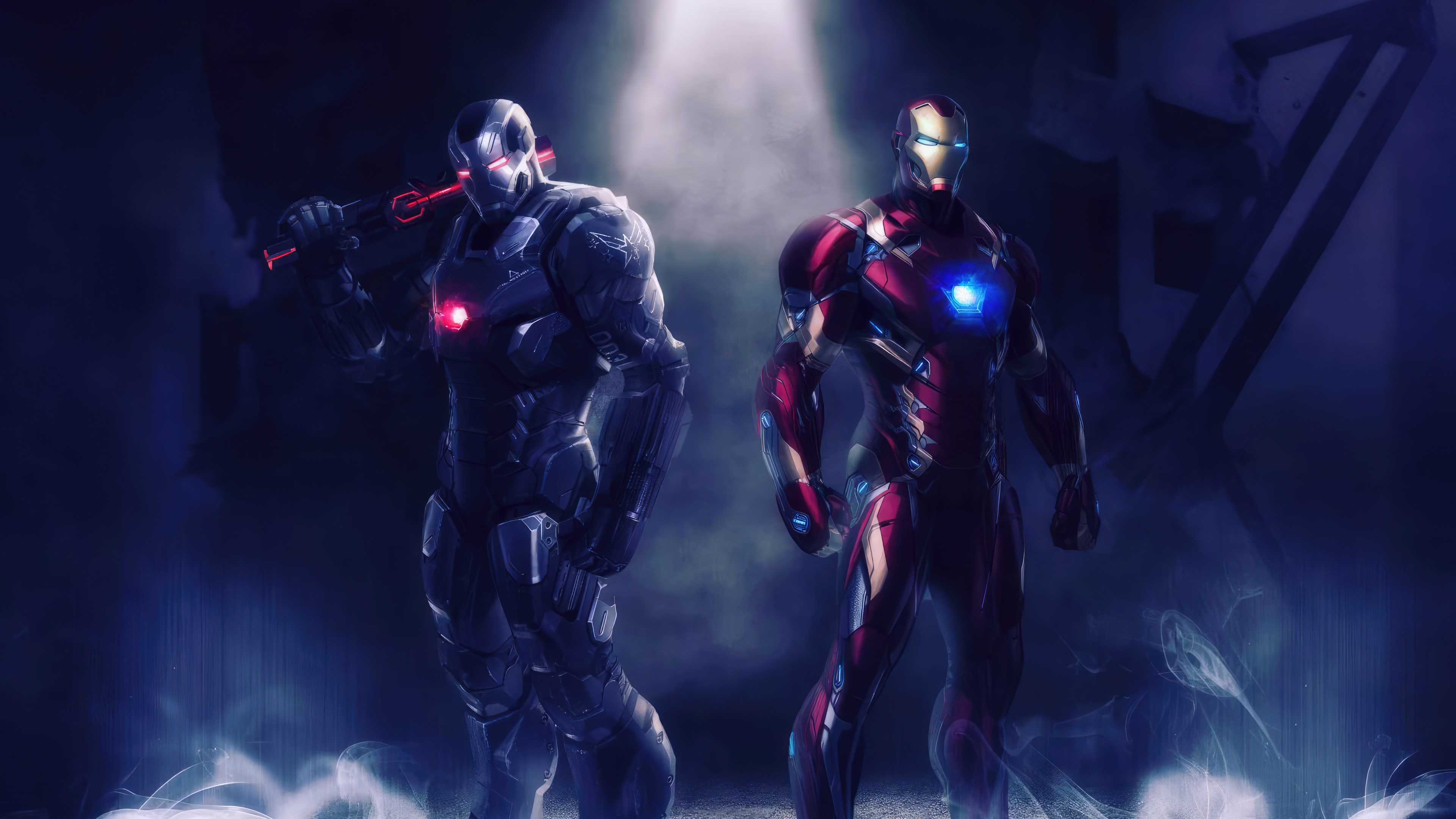 Iron Man and War Machine in a dark setting HD Wallpaper