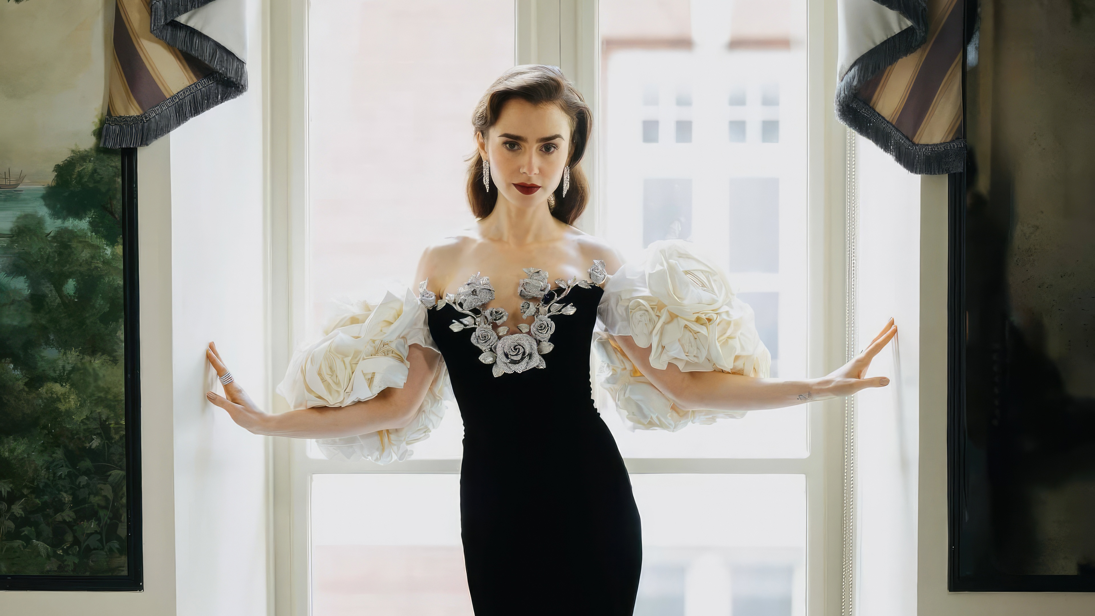 Lily Collins in a Black and White Gown HD Wallpaper