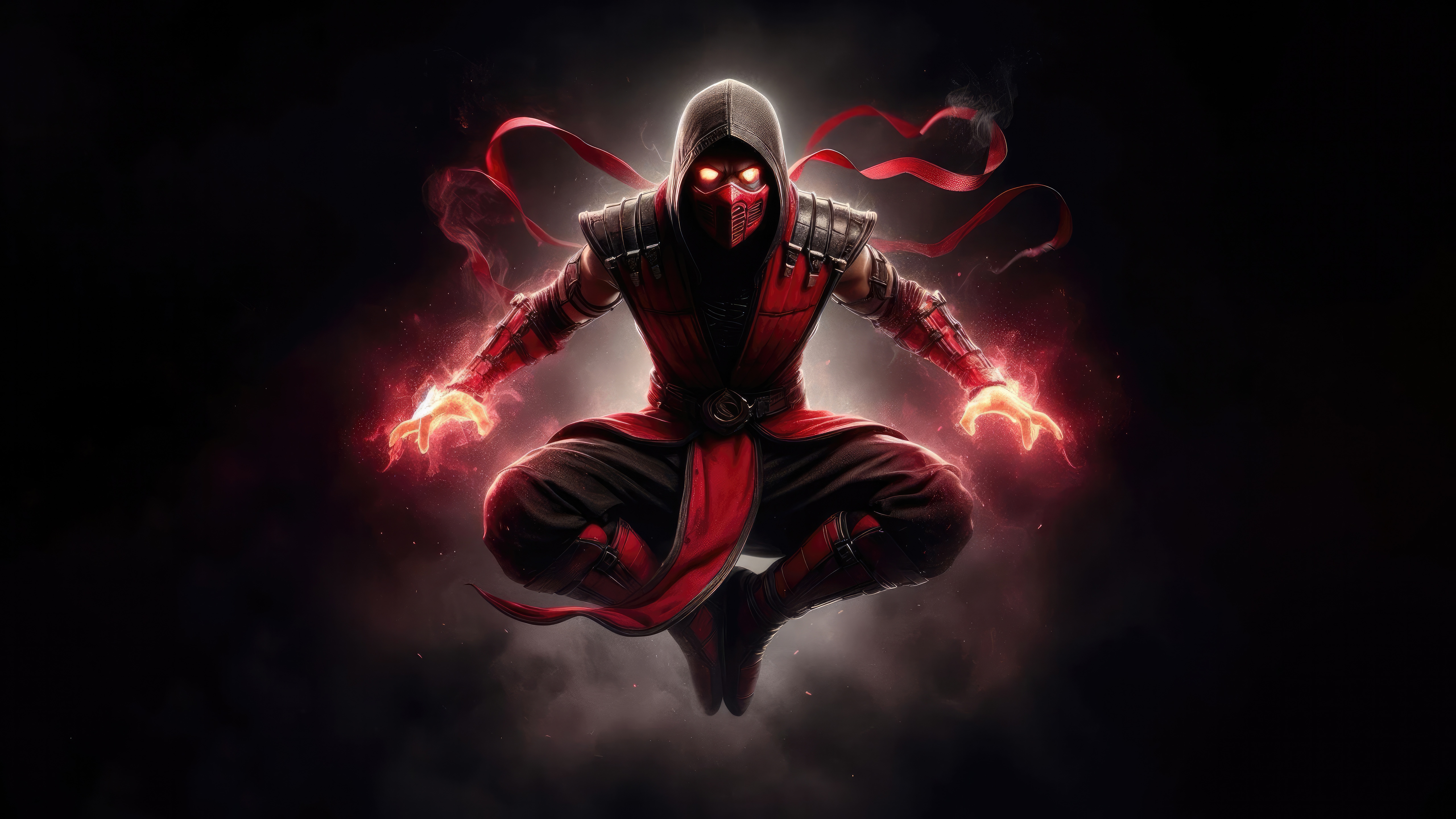 Scorpion from Mortal Kombat with glowing eyes and hands HD Wallpaper