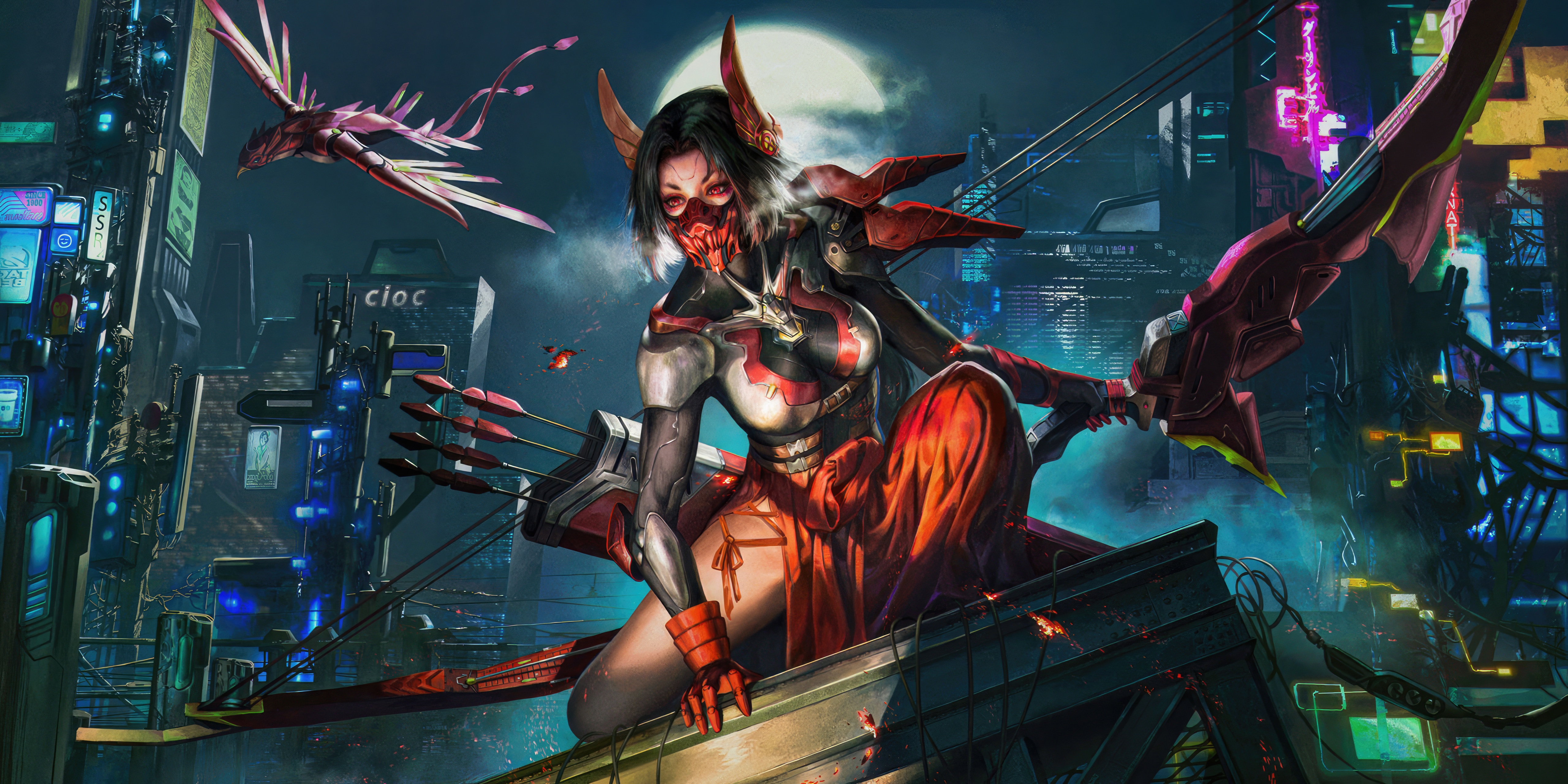 Cyberpunk Archer in a Neon City HD Wallpaper