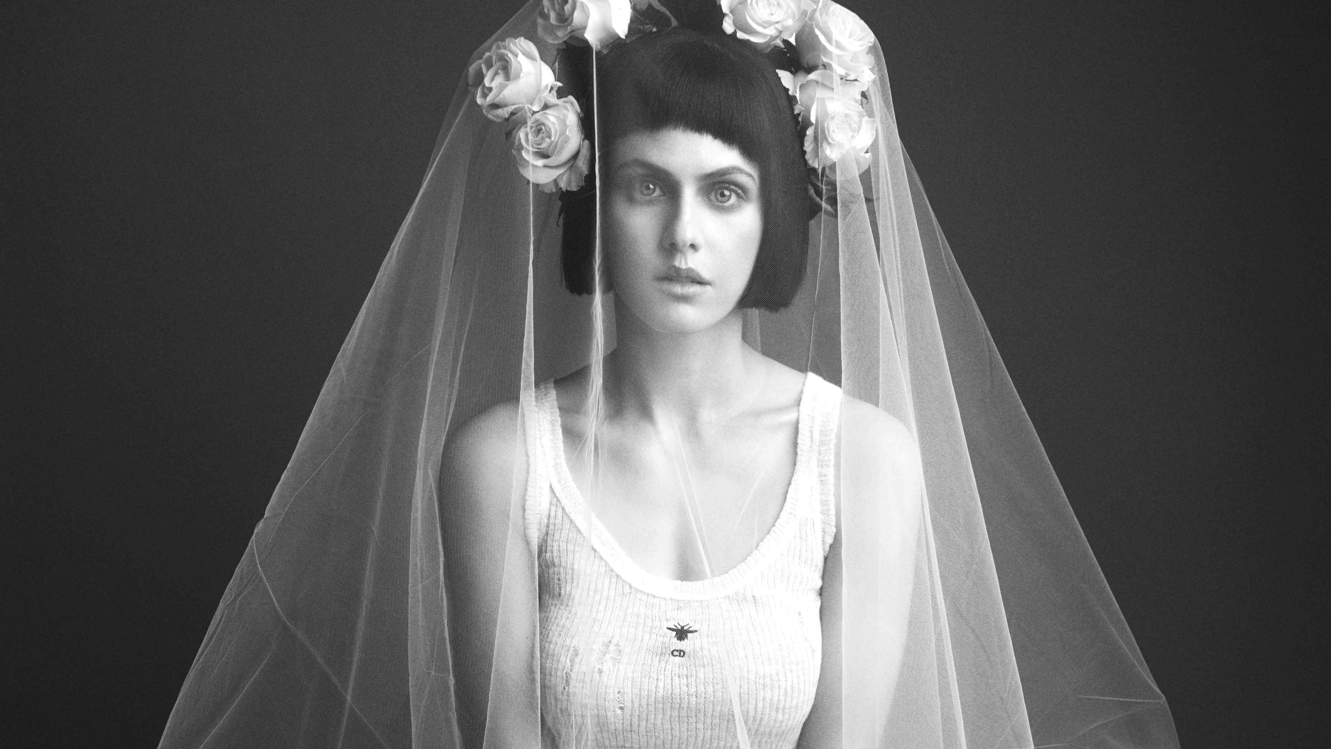Alexandra Daddario in a wedding veil and tank top HD Wallpaper
