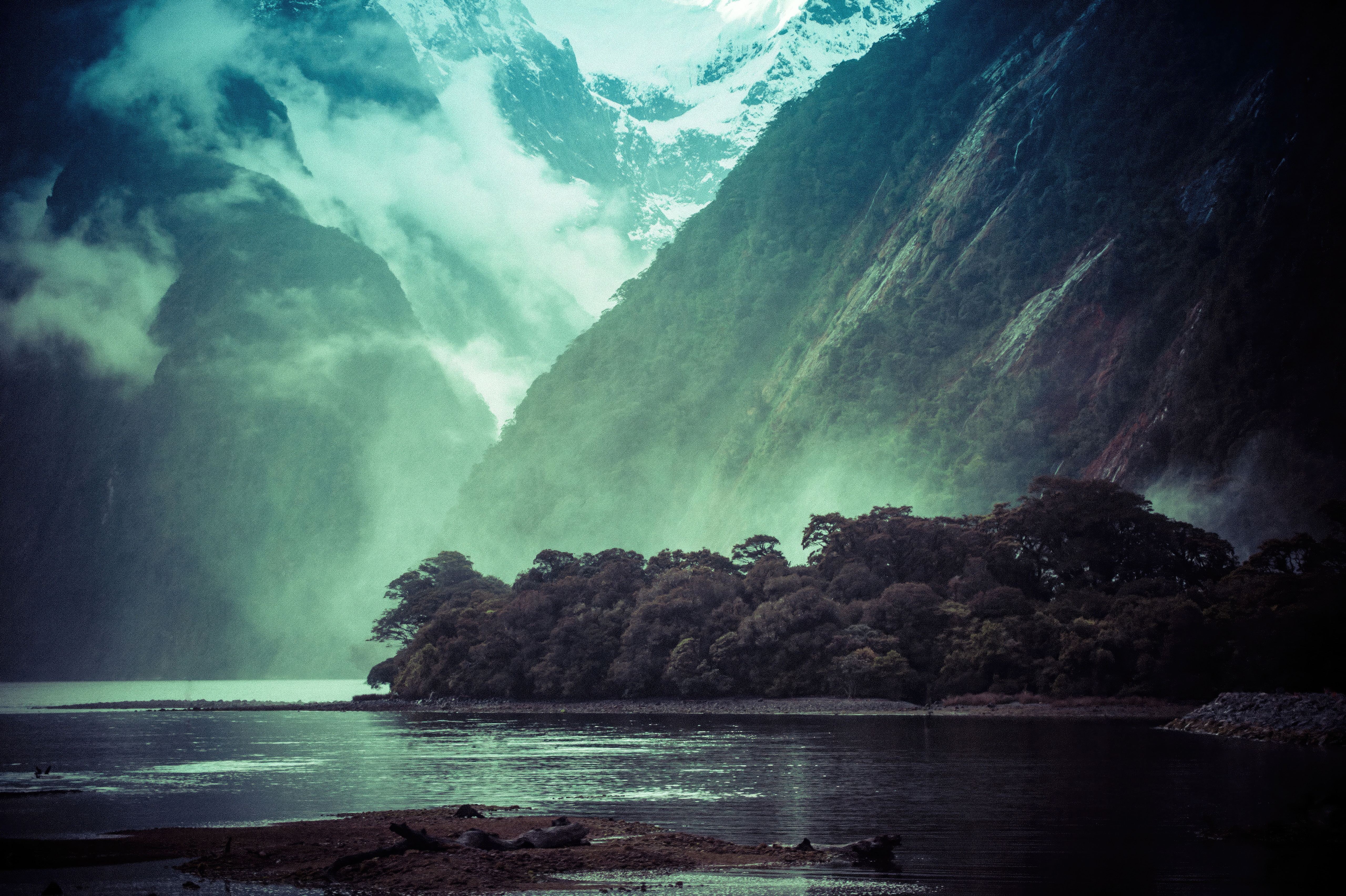 Misty Mountains and Forest by the Water HD Wallpaper