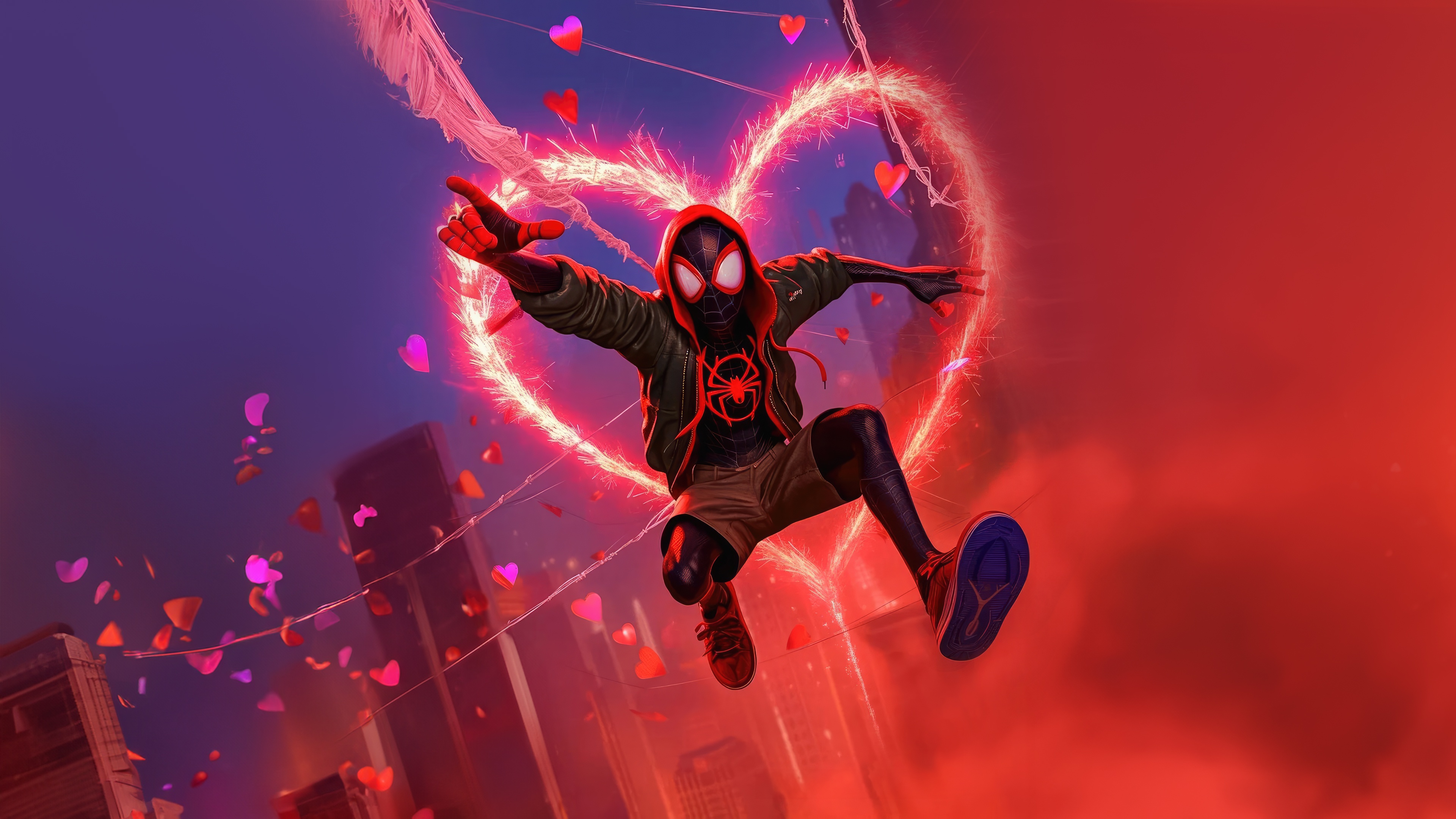 Spider-Man (Miles Morales) swings through a heart-shaped web HD Wallpaper