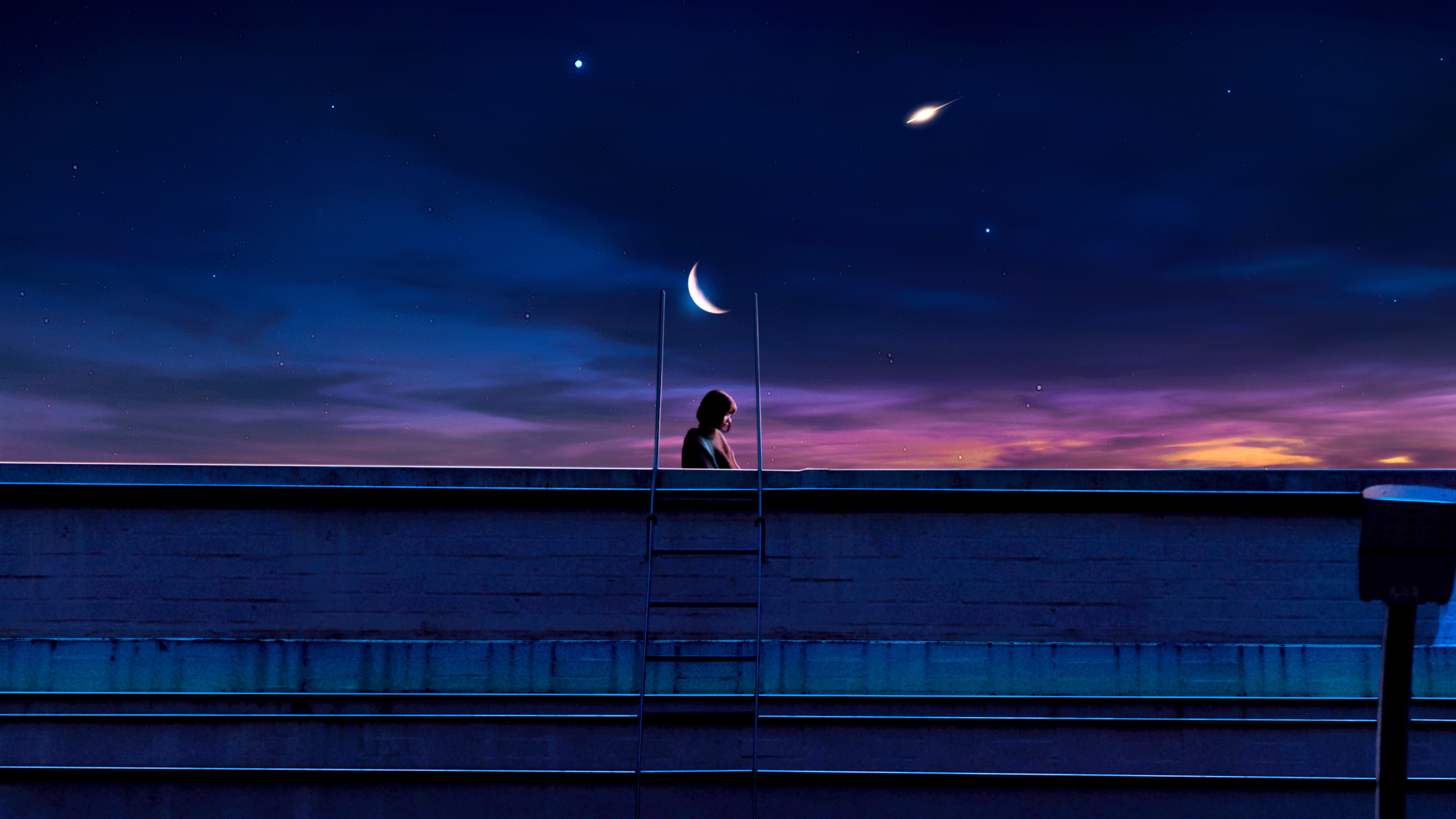 Lofi Girl on a Rooftop Under the Moon HD Wallpaper