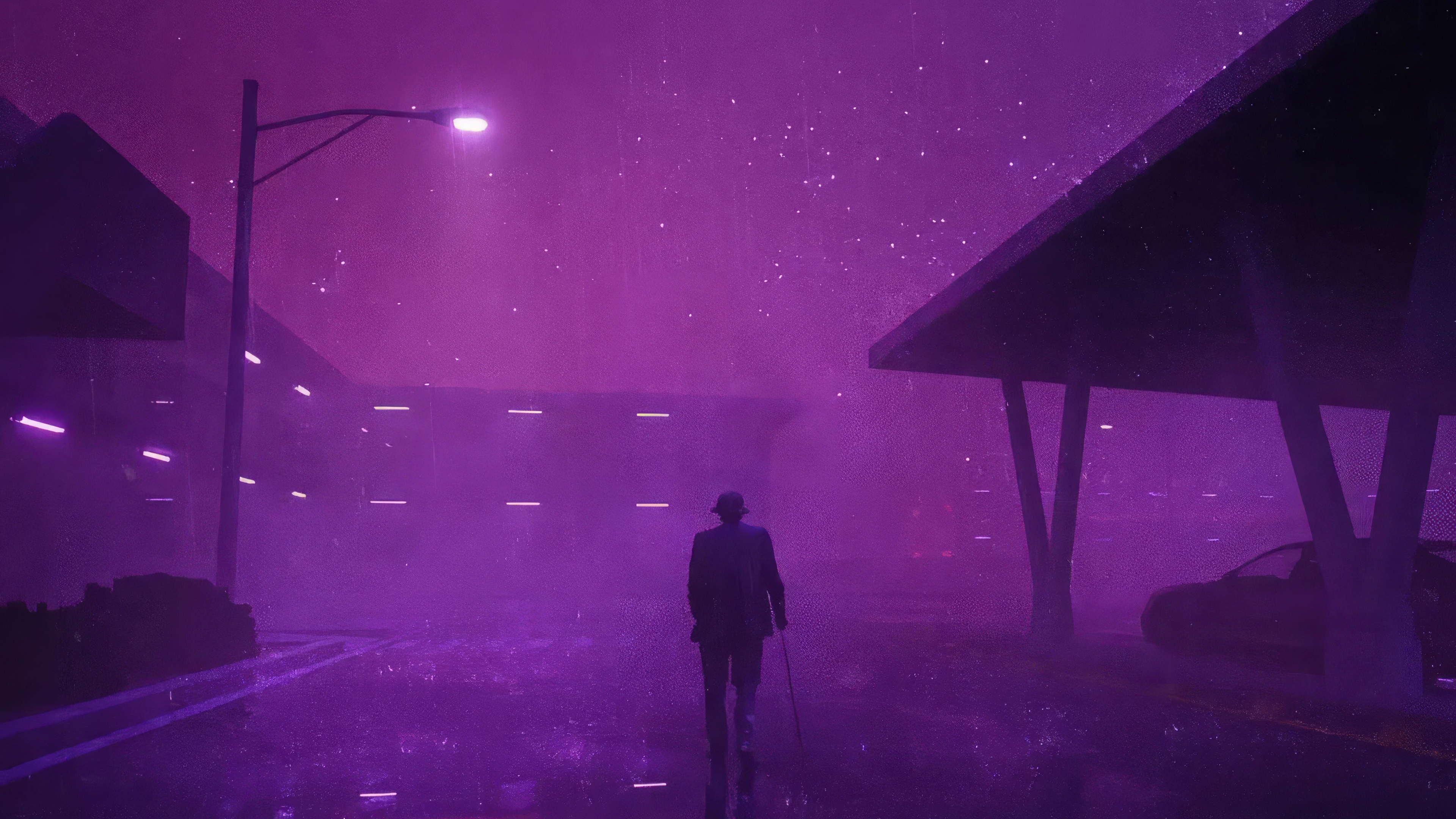 Man in hat walks through purple neon rain HD Wallpaper
