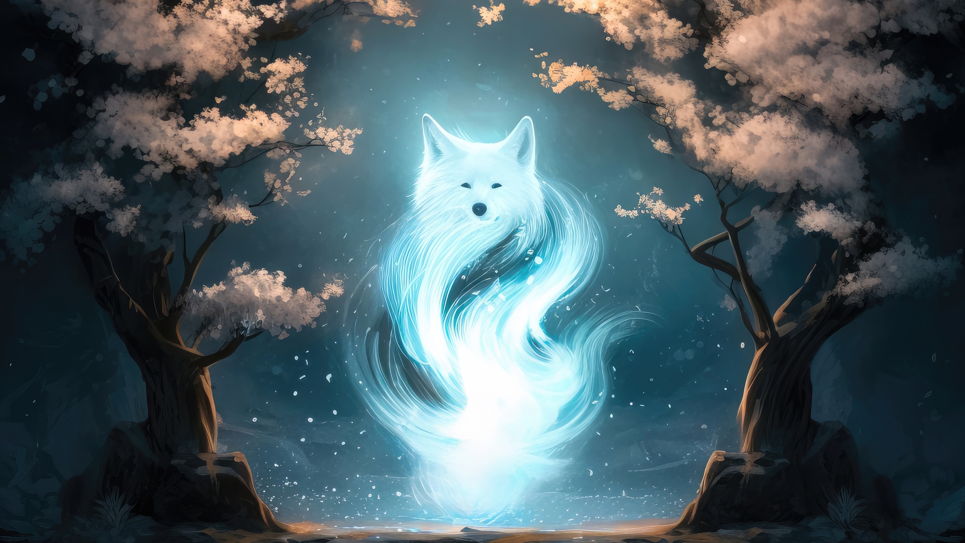 White Fox Spirit Between Cherry Blossom Trees HD Wallpaper