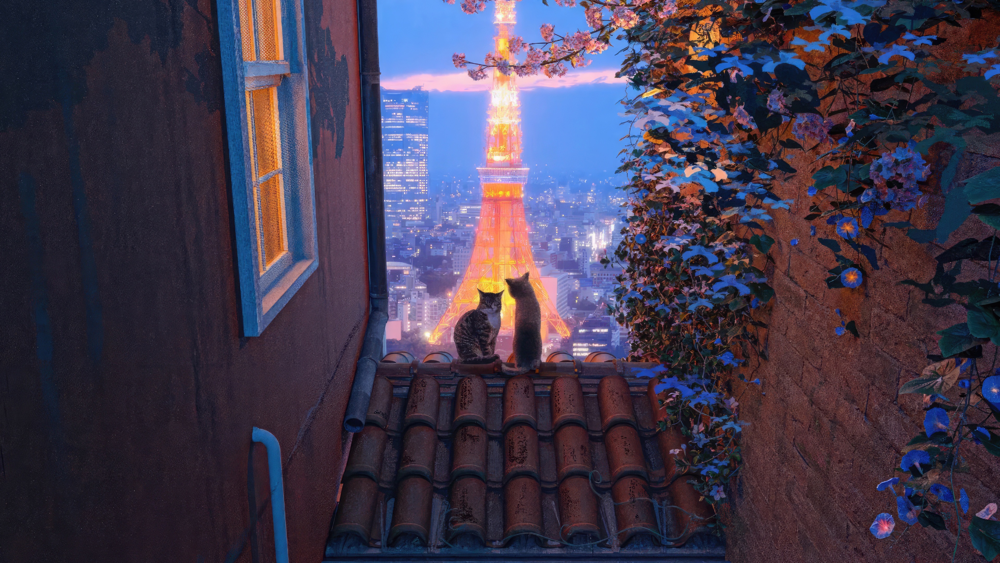Cats on a rooftop overlooking Tokyo Tower at night HD Wallpaper