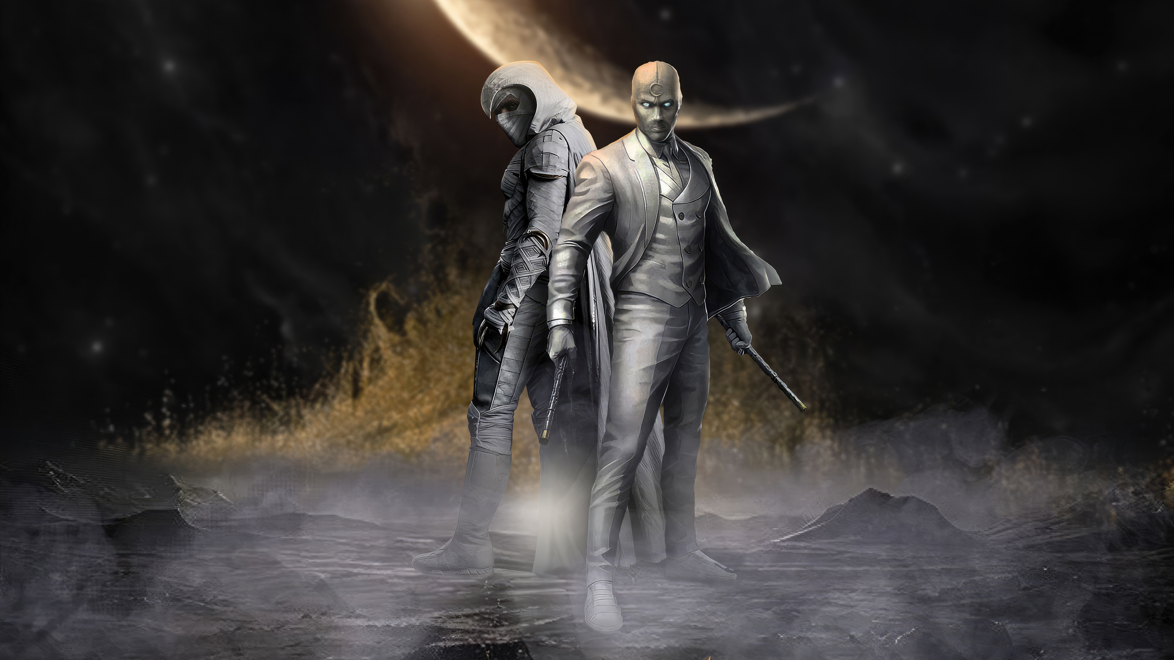 Moon Knight and Mr. Knight in a dark landscape HD Wallpaper