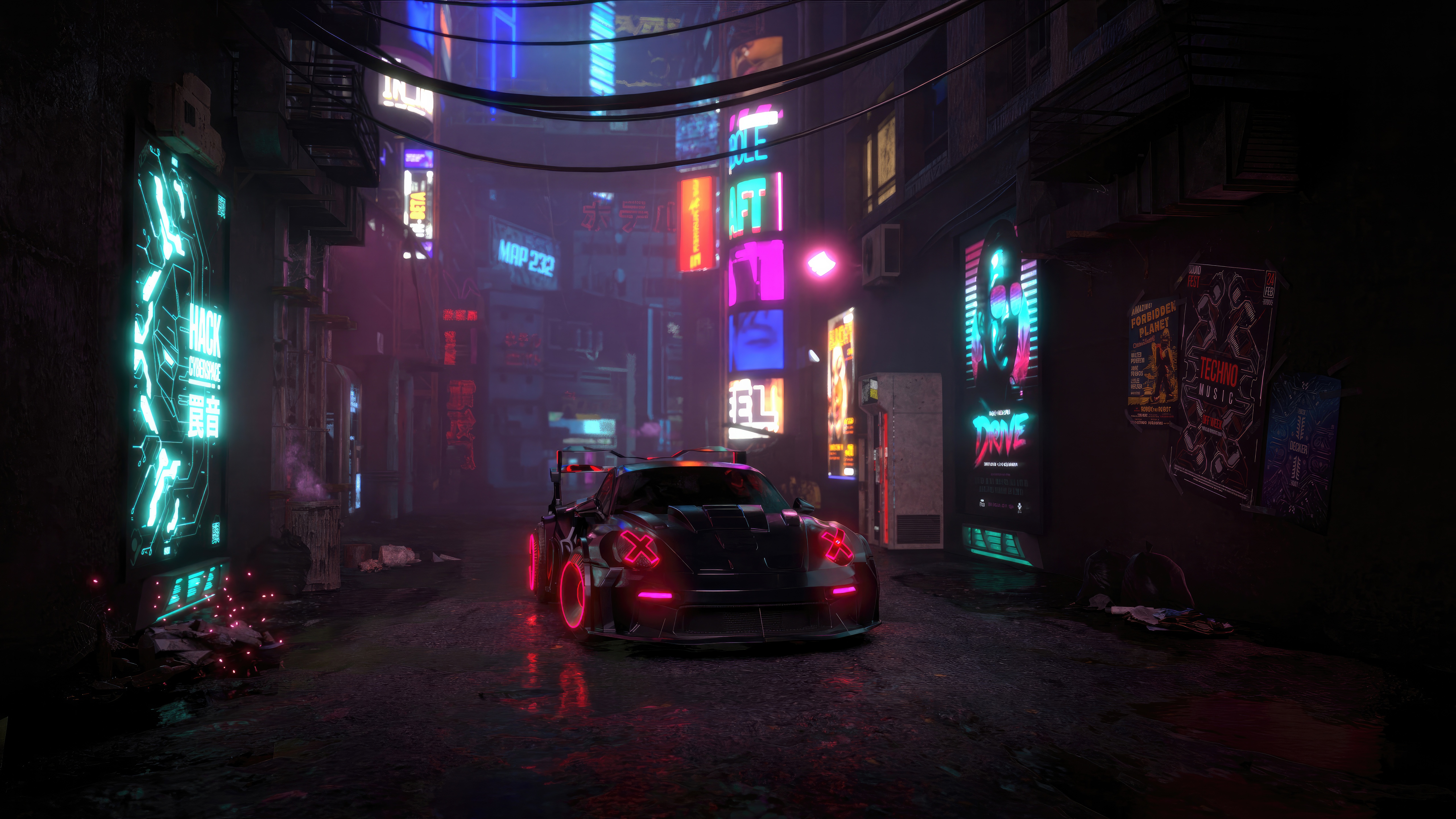 Cyberpunk Porsche in a Neon Alley HD Wallpaper