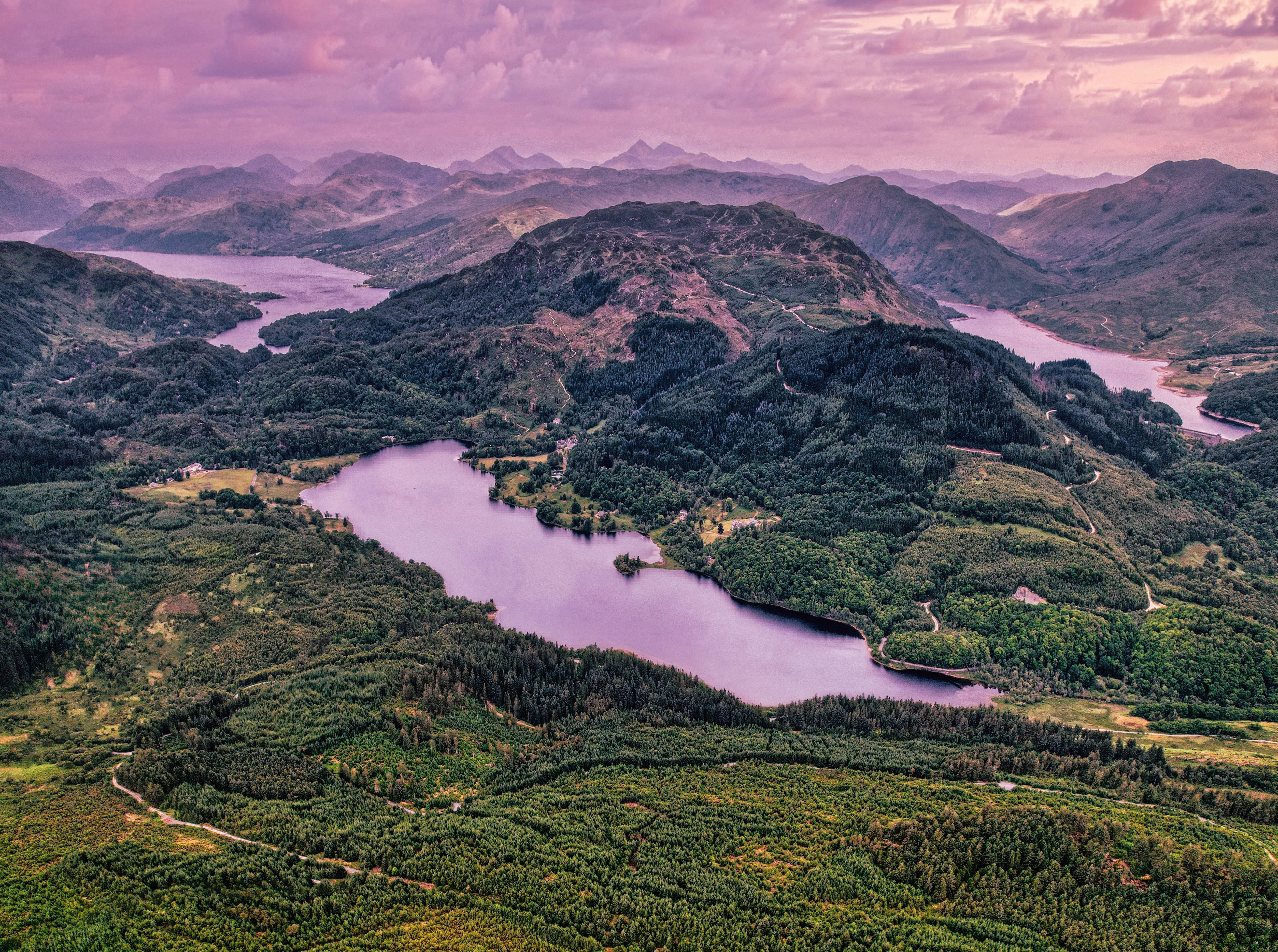 Aerial view of Scottish lochs and mountains HD Wallpaper