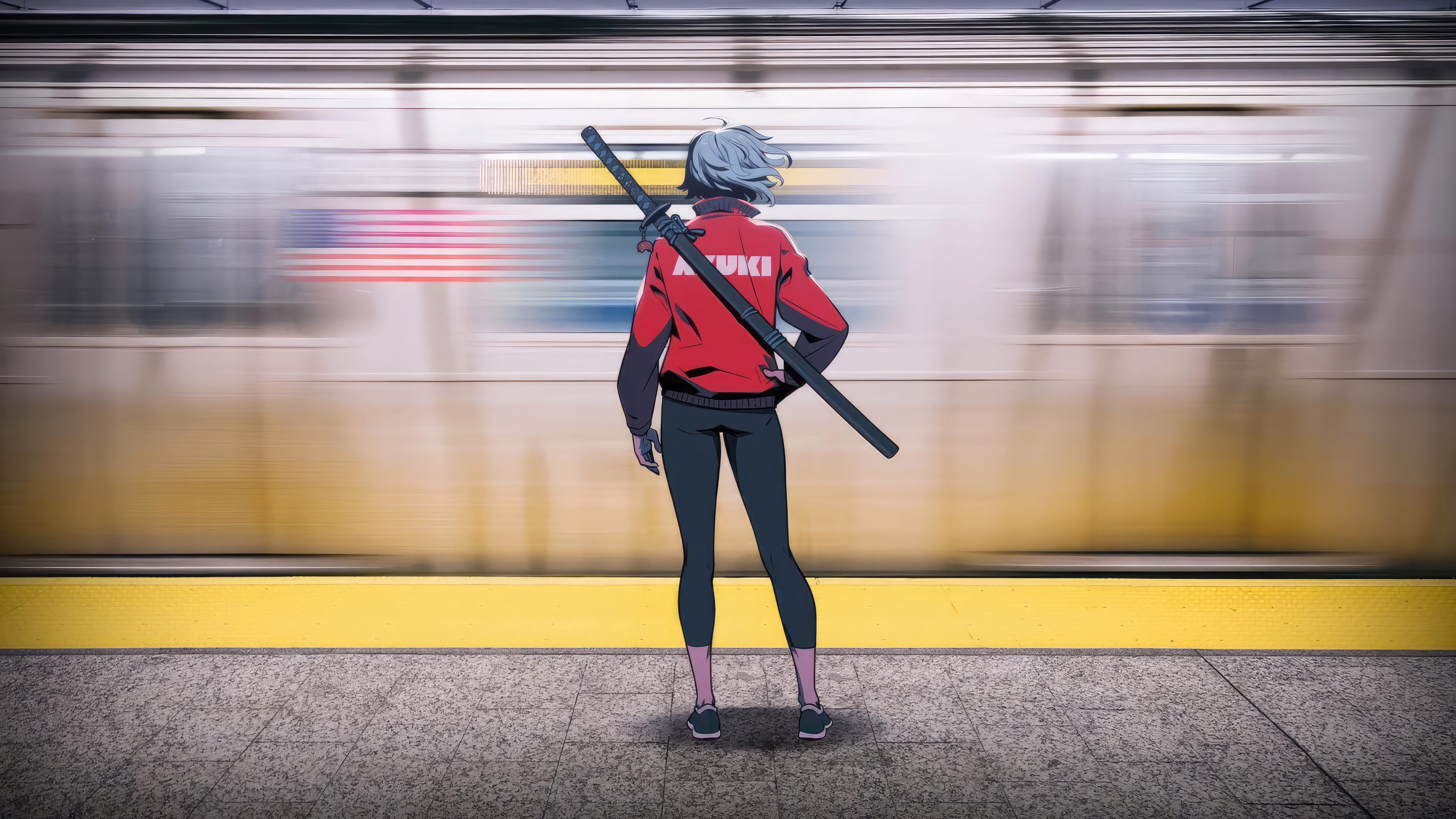 Azuki character with a sword on a subway platform HD Wallpaper