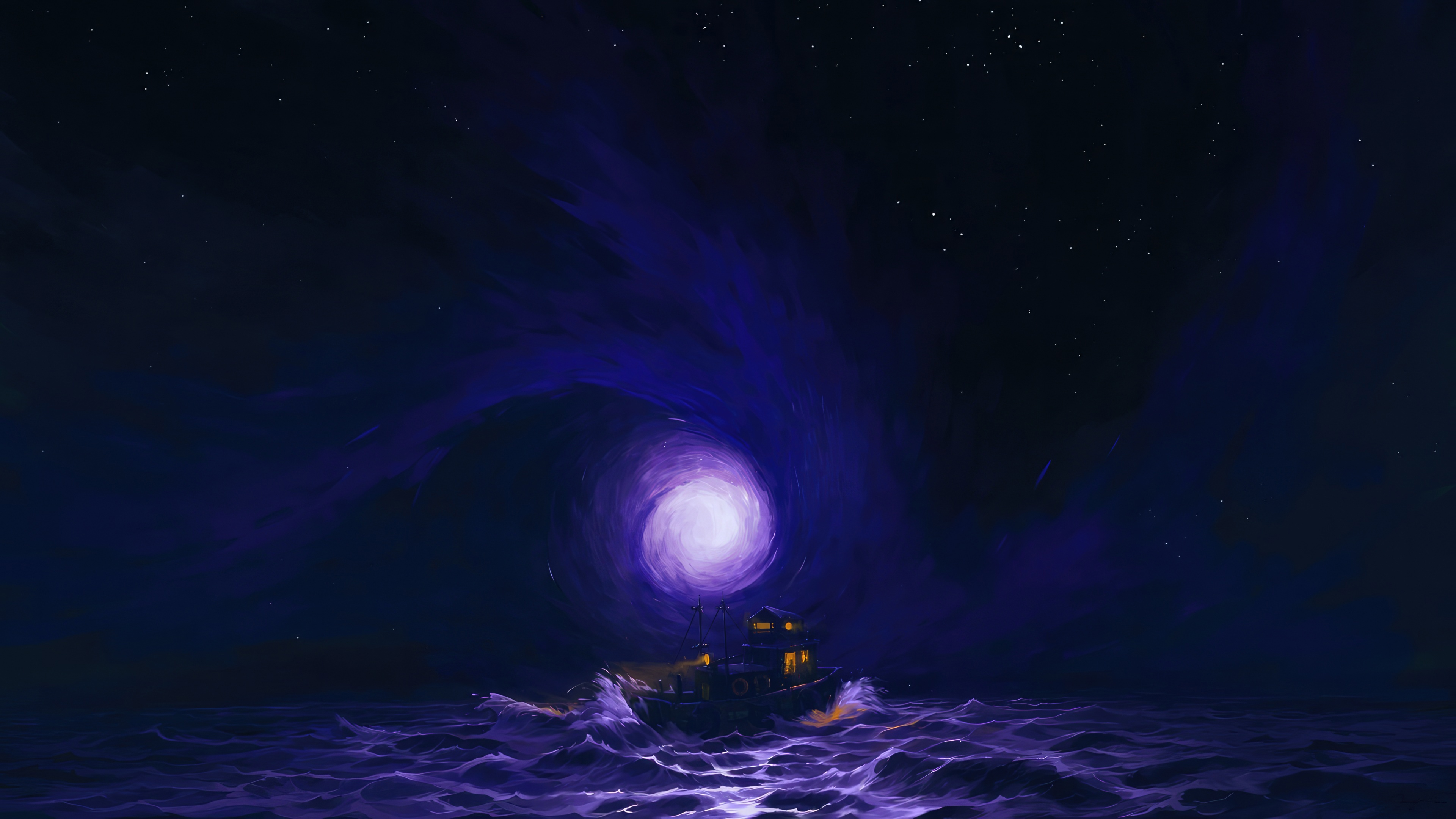 Ship sailing through a cosmic vortex HD Wallpaper