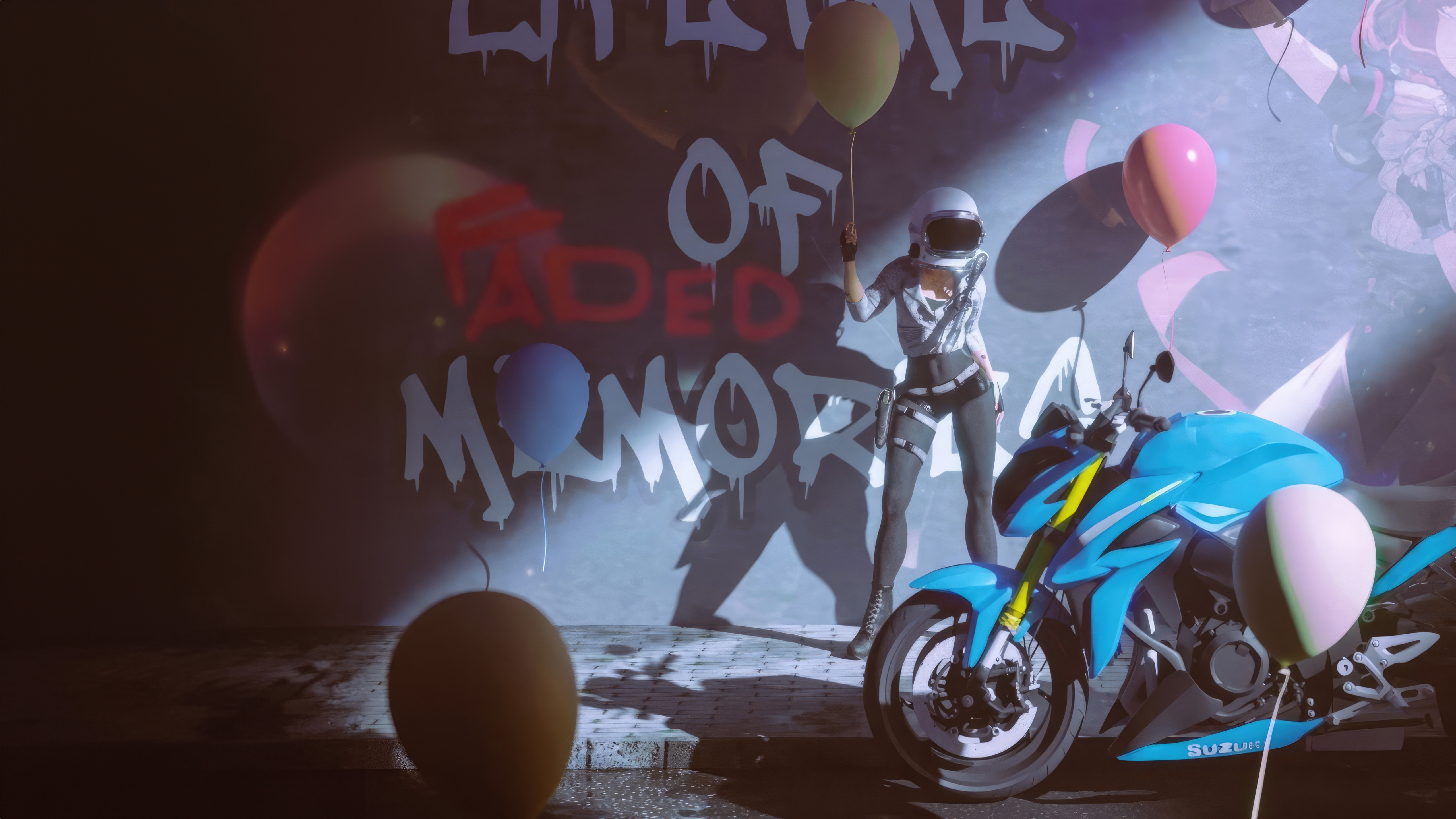 Futuristic Rebels Biker Girl with Balloons HD Wallpaper