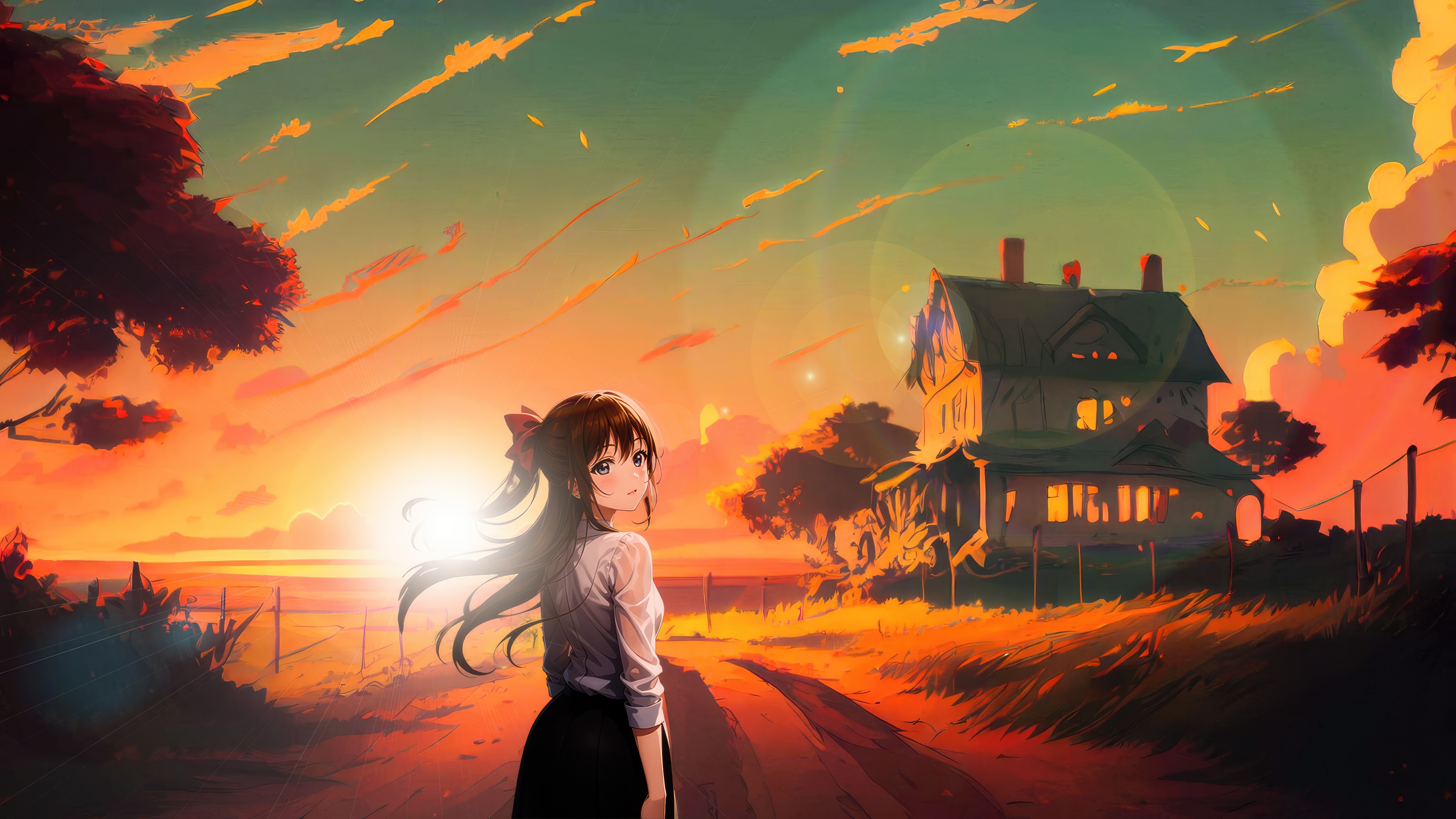 Adorable Anime Girl in a Sunset Landscape HD Wallpaper