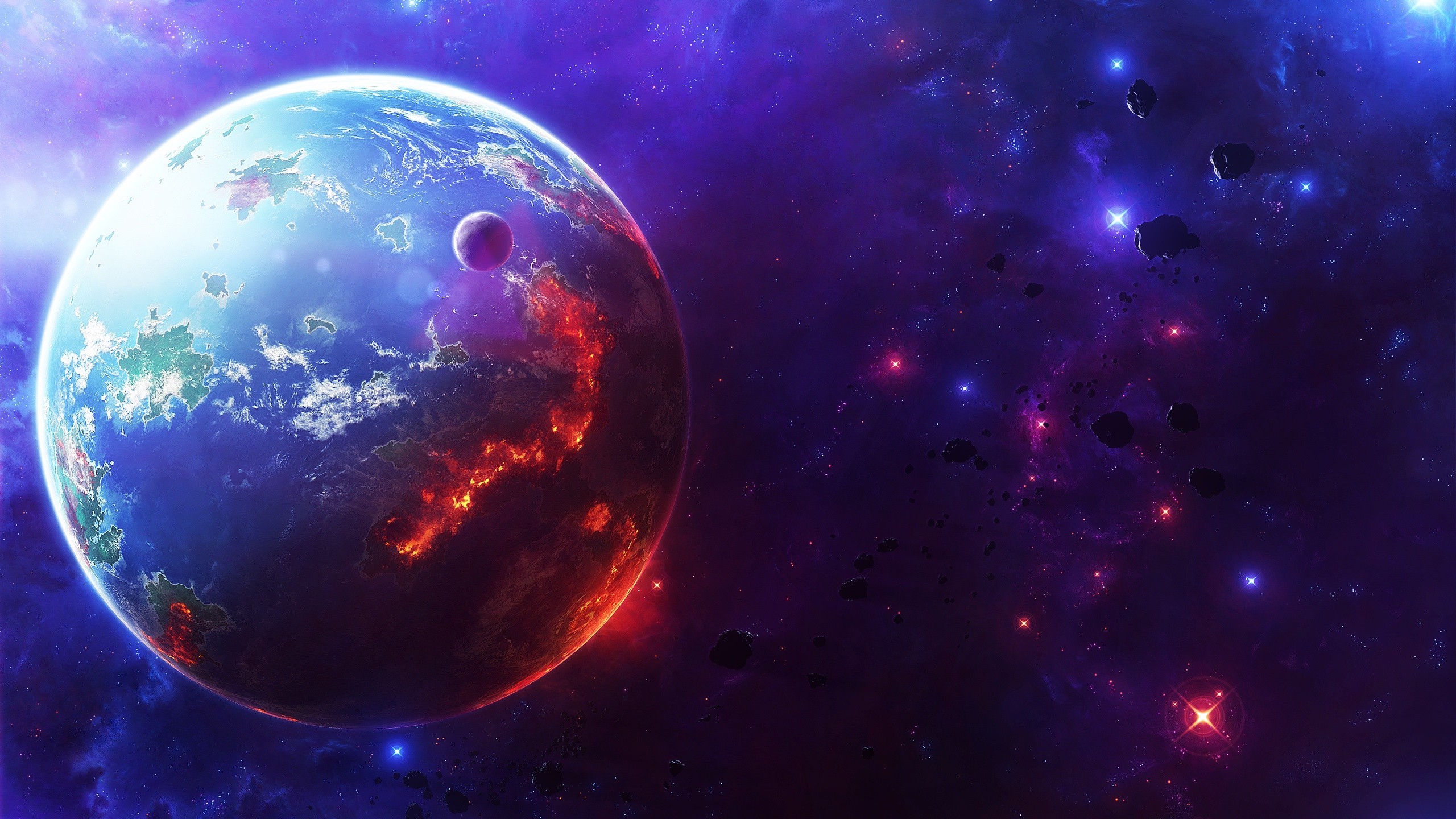 Planet with moon in a colorful nebula with asteroids HD Wallpaper