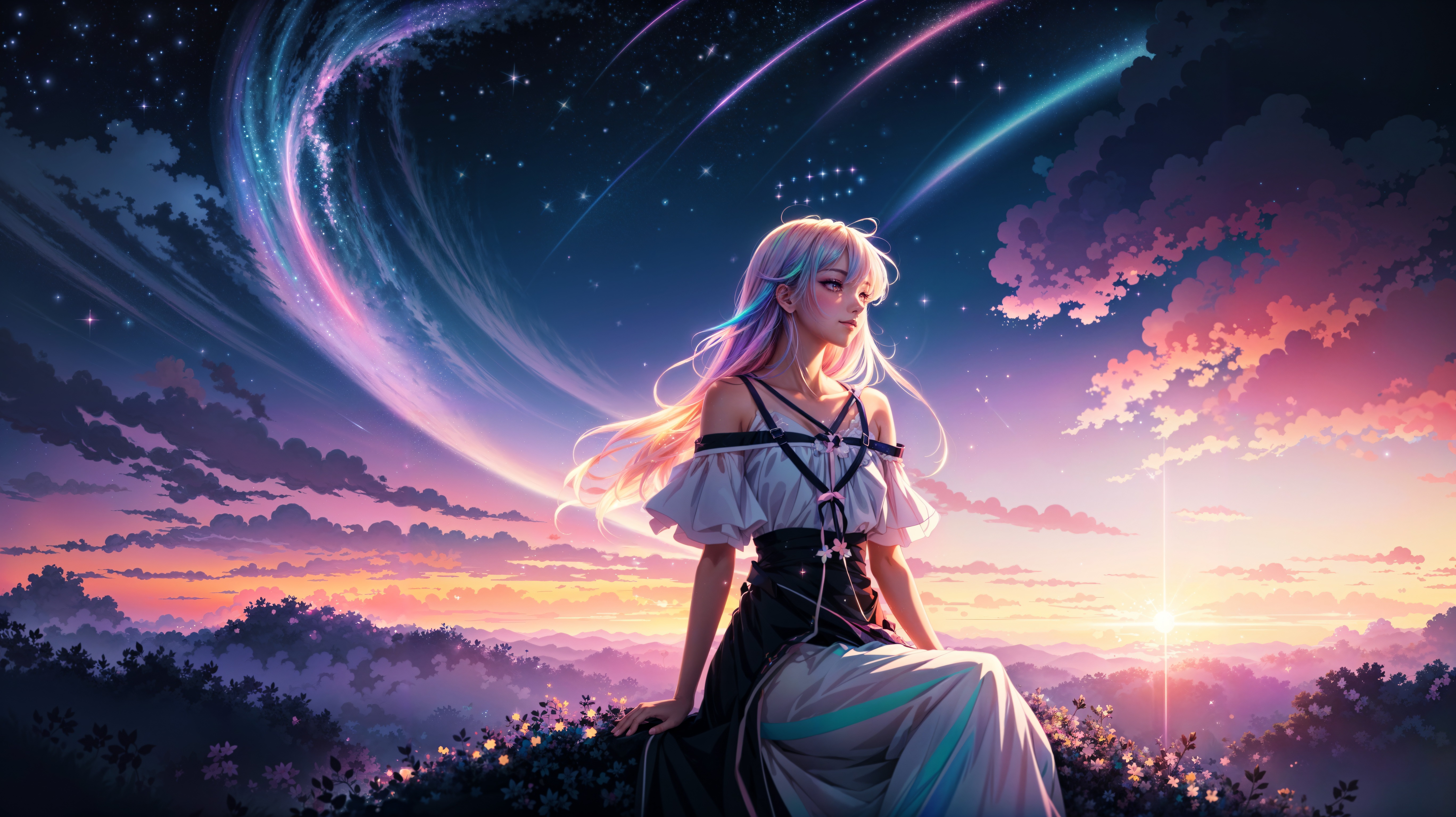 Anime Girl Under a Starry Sky at Nightfall HD Wallpaper