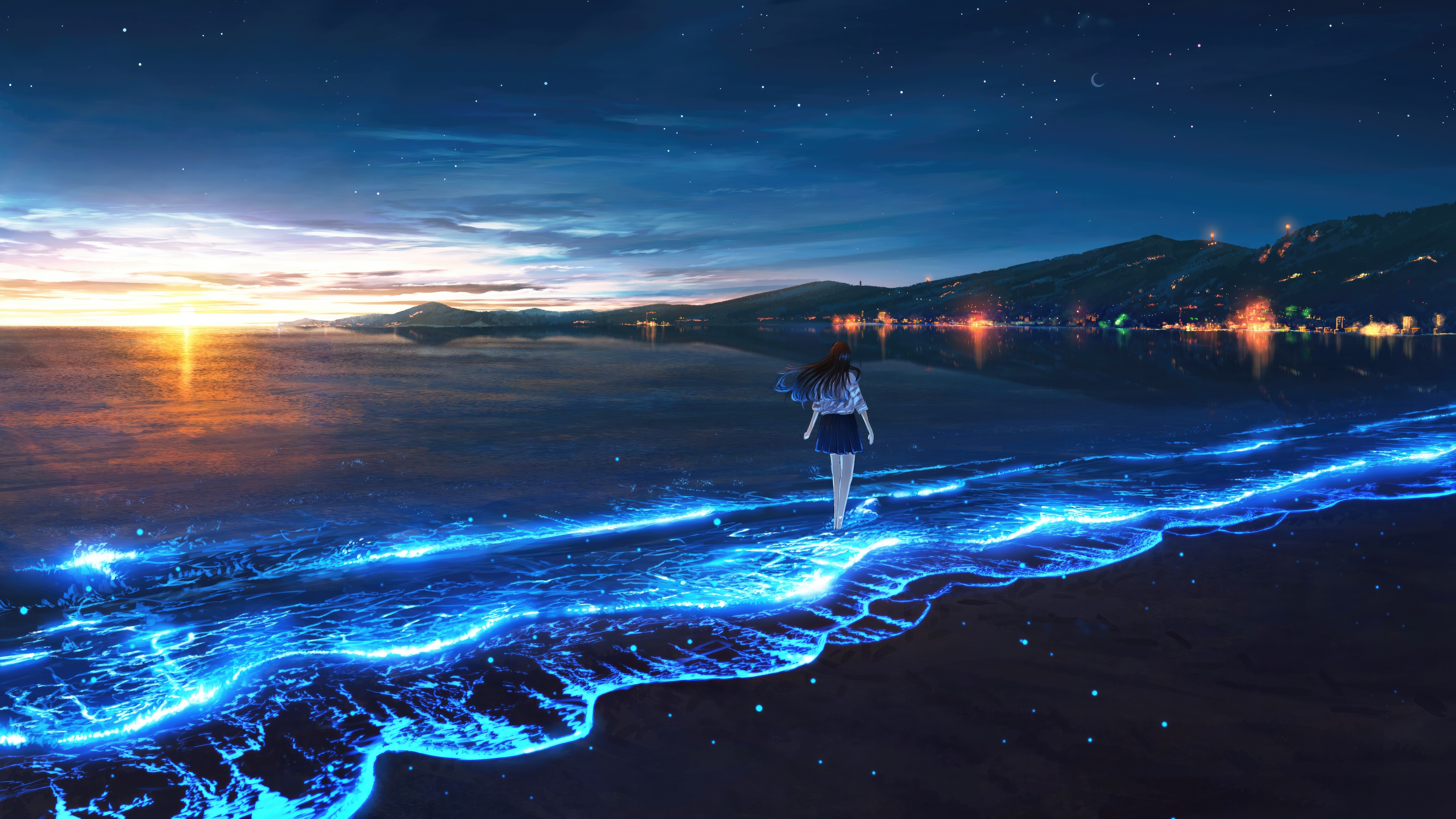 Anime Schoolgirl Walking Barefoot By The Seaside HD Wallpaper