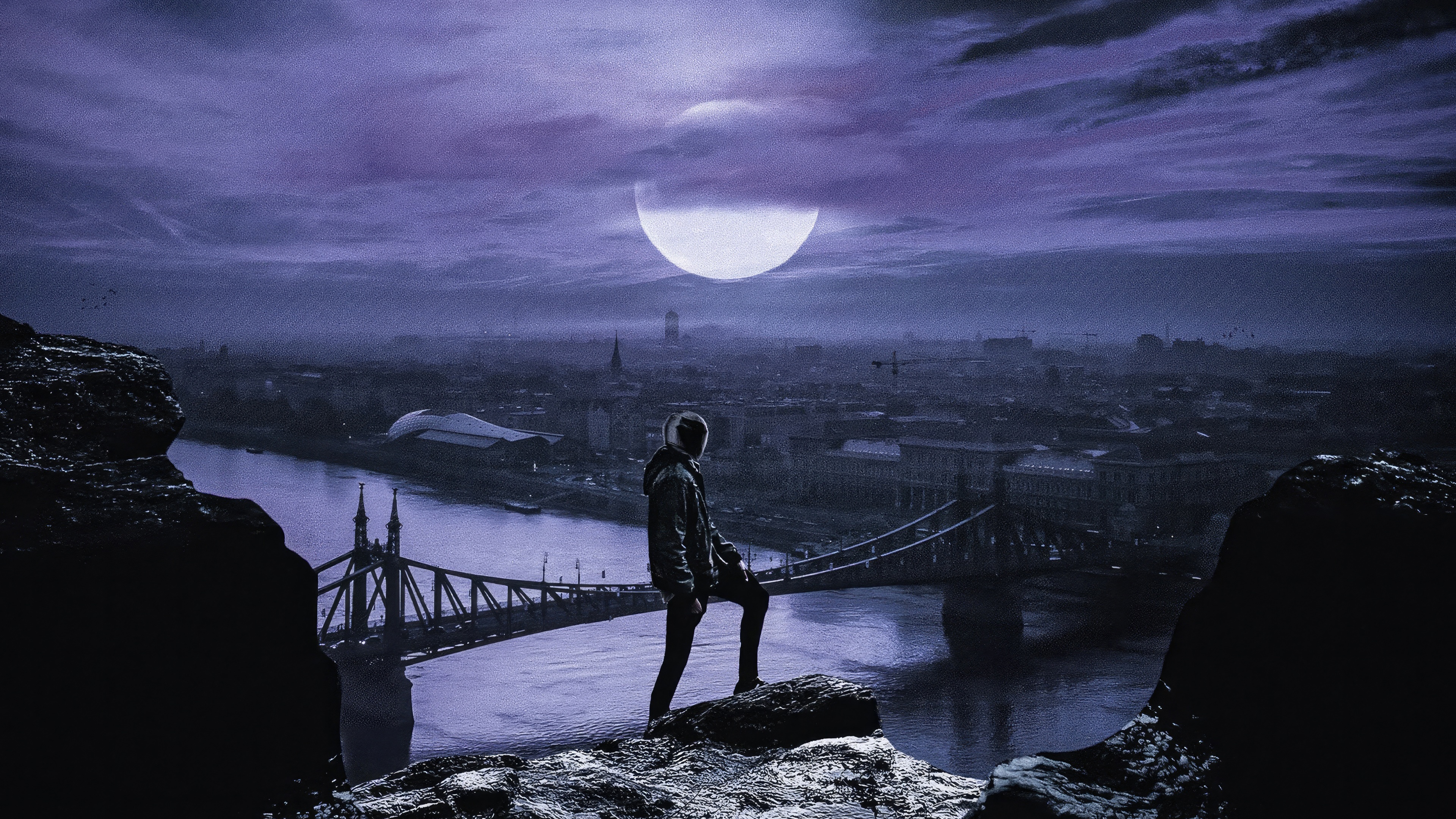 Man overlooking city and river at night HD Wallpaper