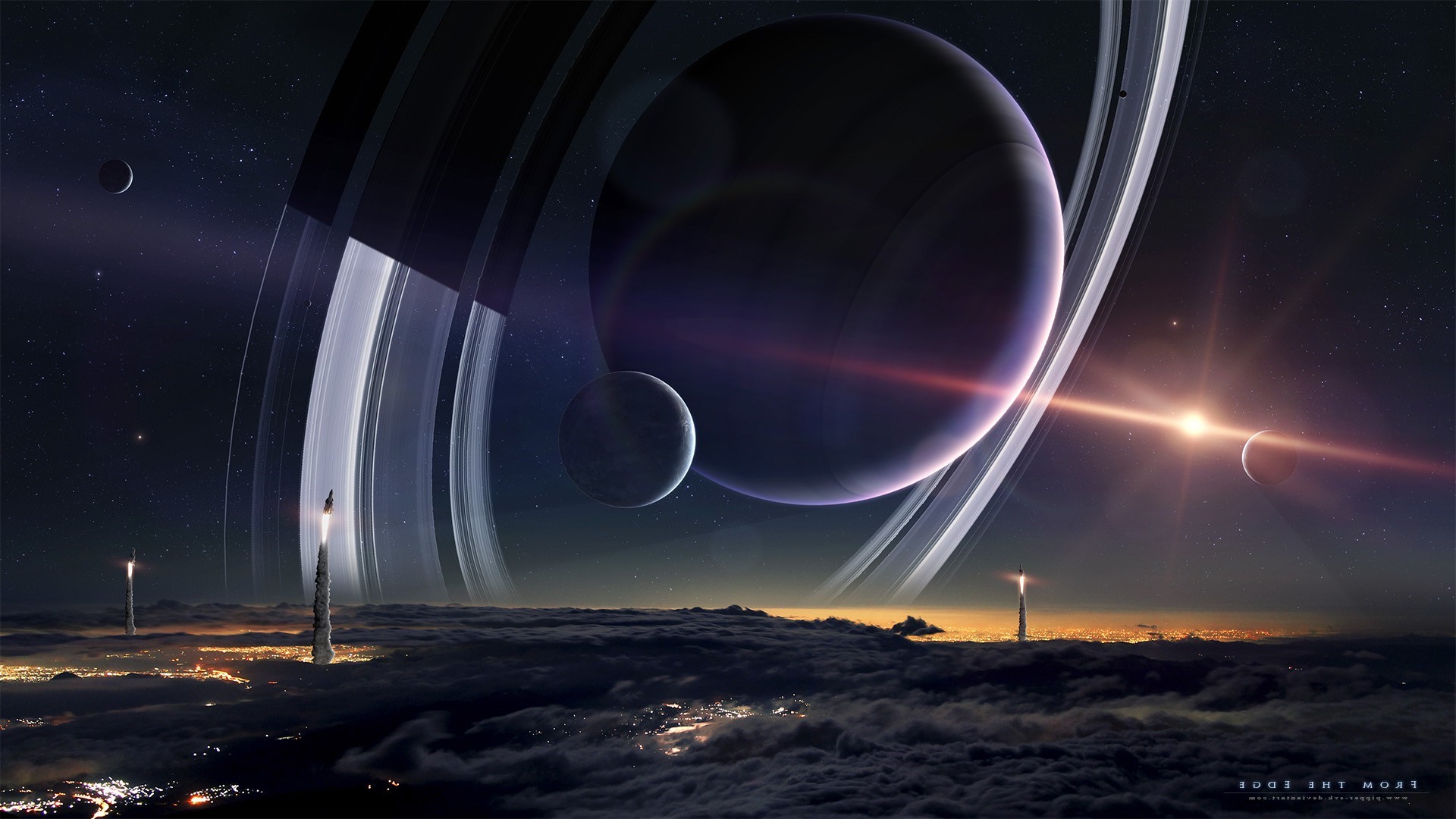 Space planet with rings and moons above a cloudy city HD Wallpaper