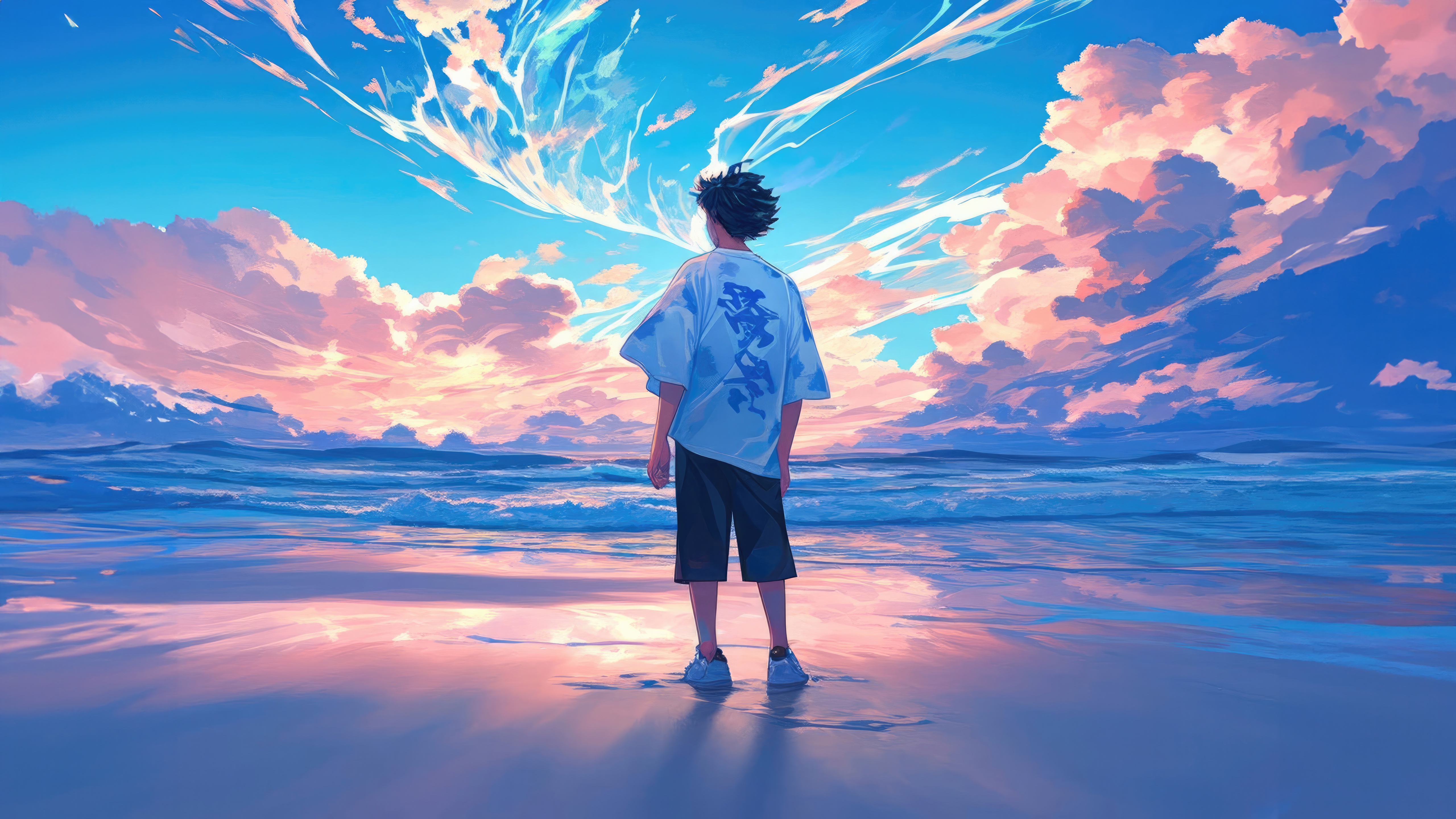 Boy on Beach Watching Sunset Clouds HD Wallpaper