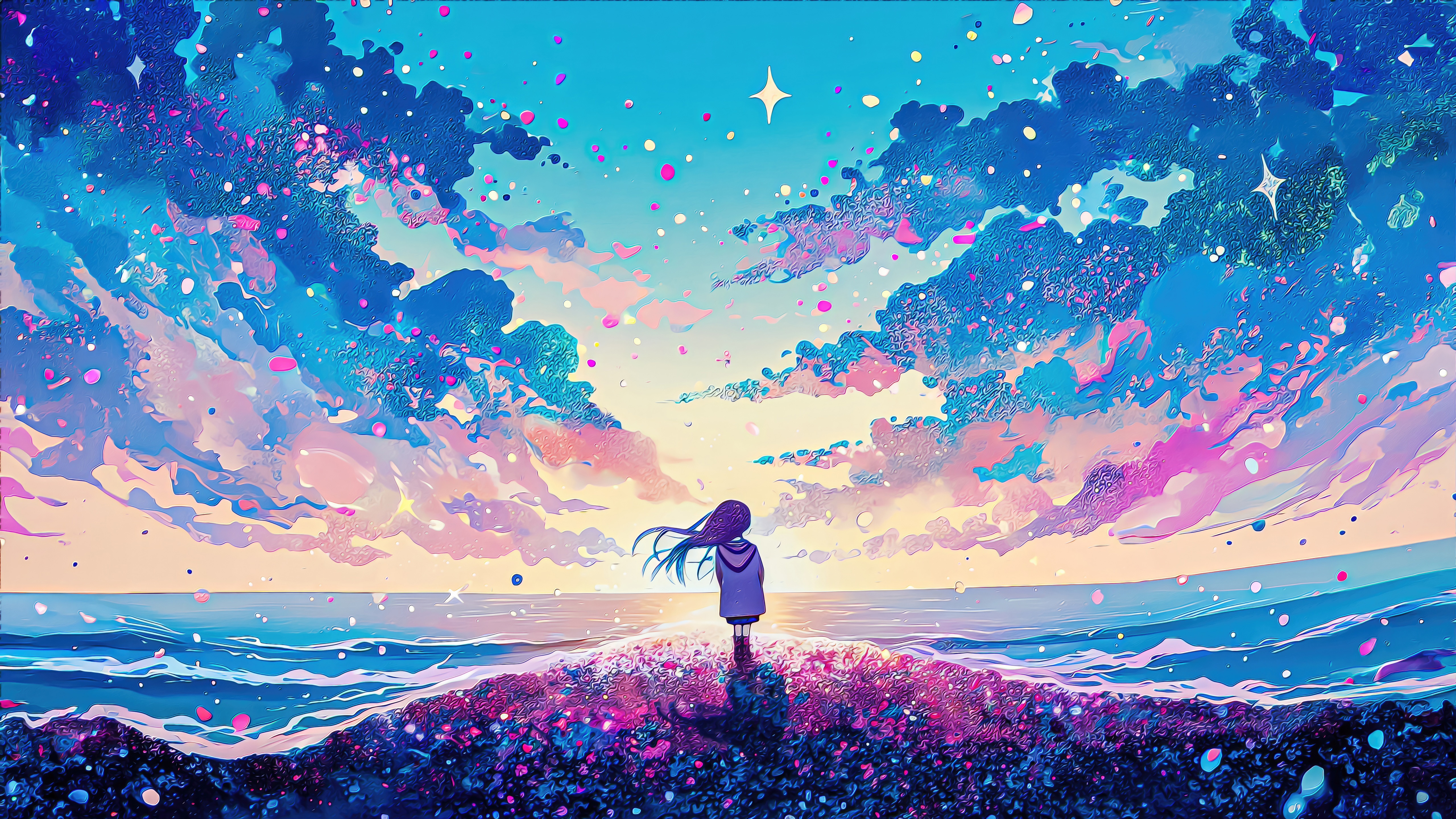Girl watching a starry sky over the ocean HD Wallpaper