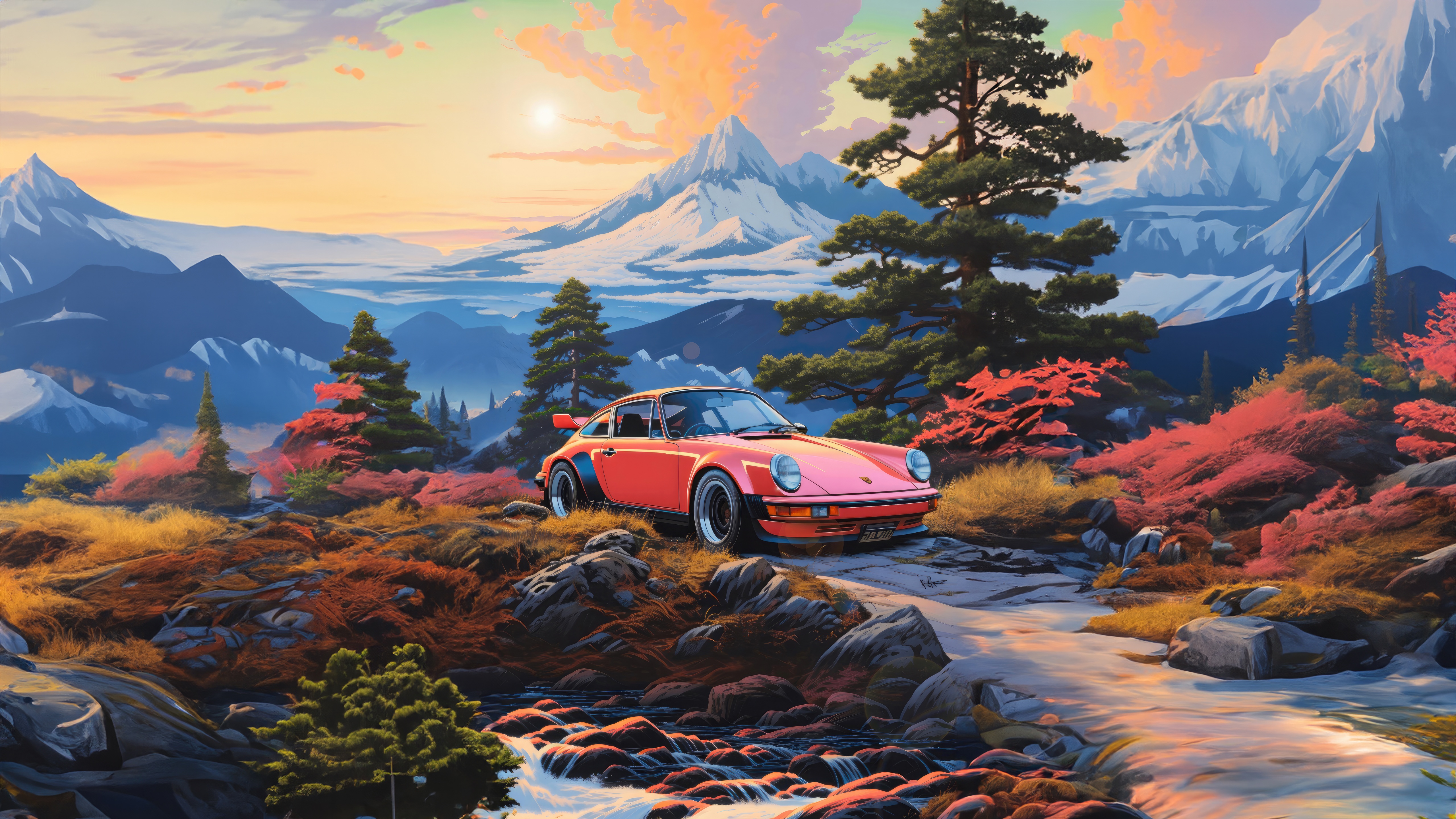 Orange Porsche 911 in a Mountainous Landscape HD Wallpaper