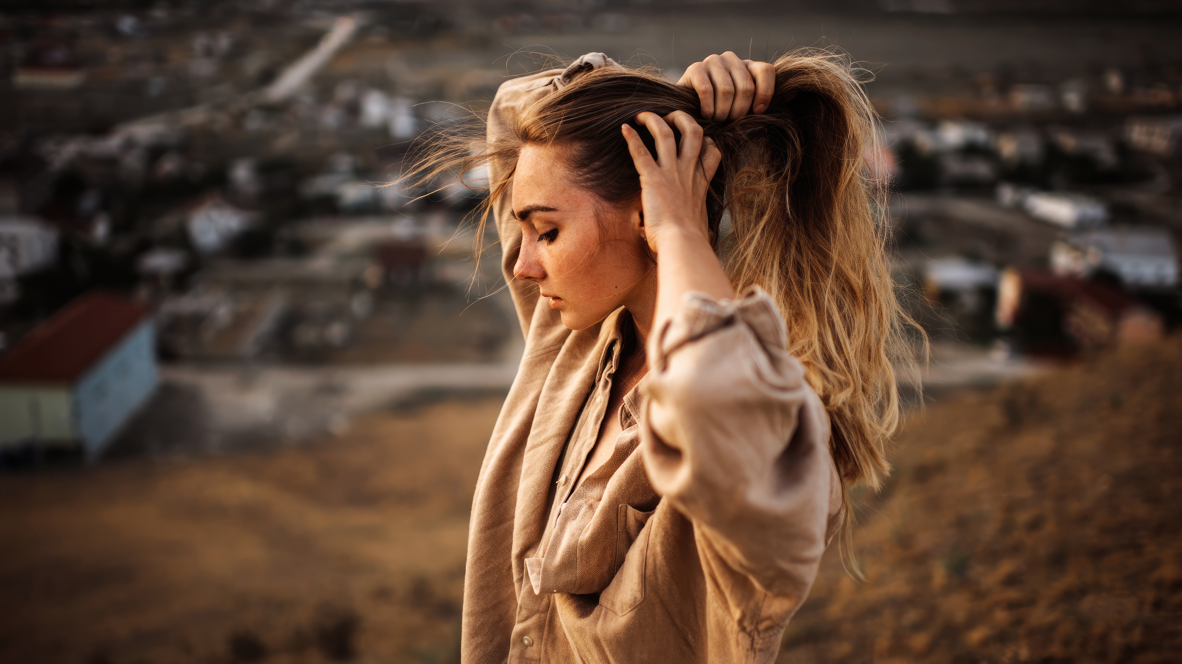 Girl holding her hair with closed eyes HD Wallpaper