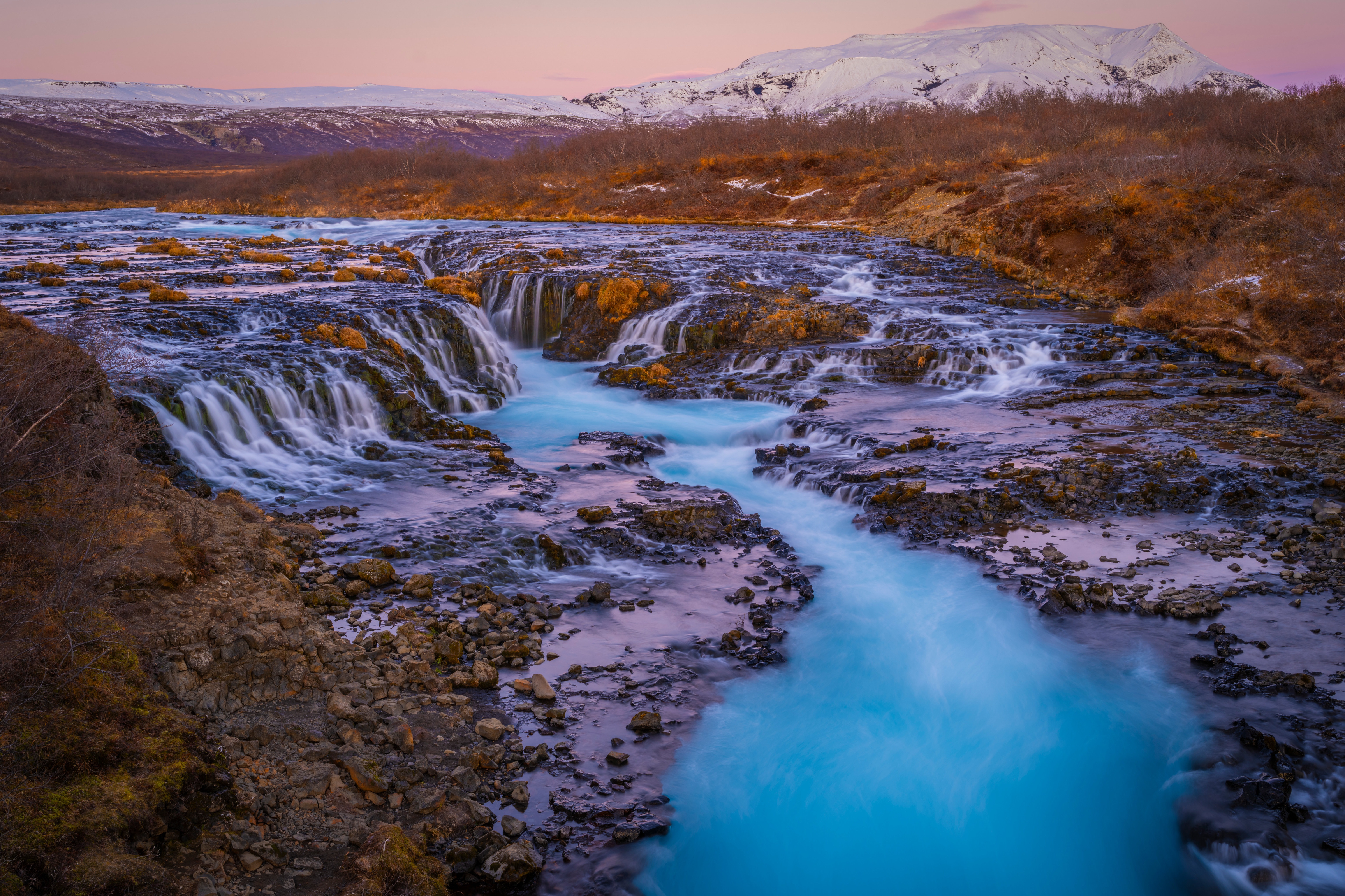 Bruarfoss Waterfall and Icelandic Mountains at Dusk HD Wallpaper