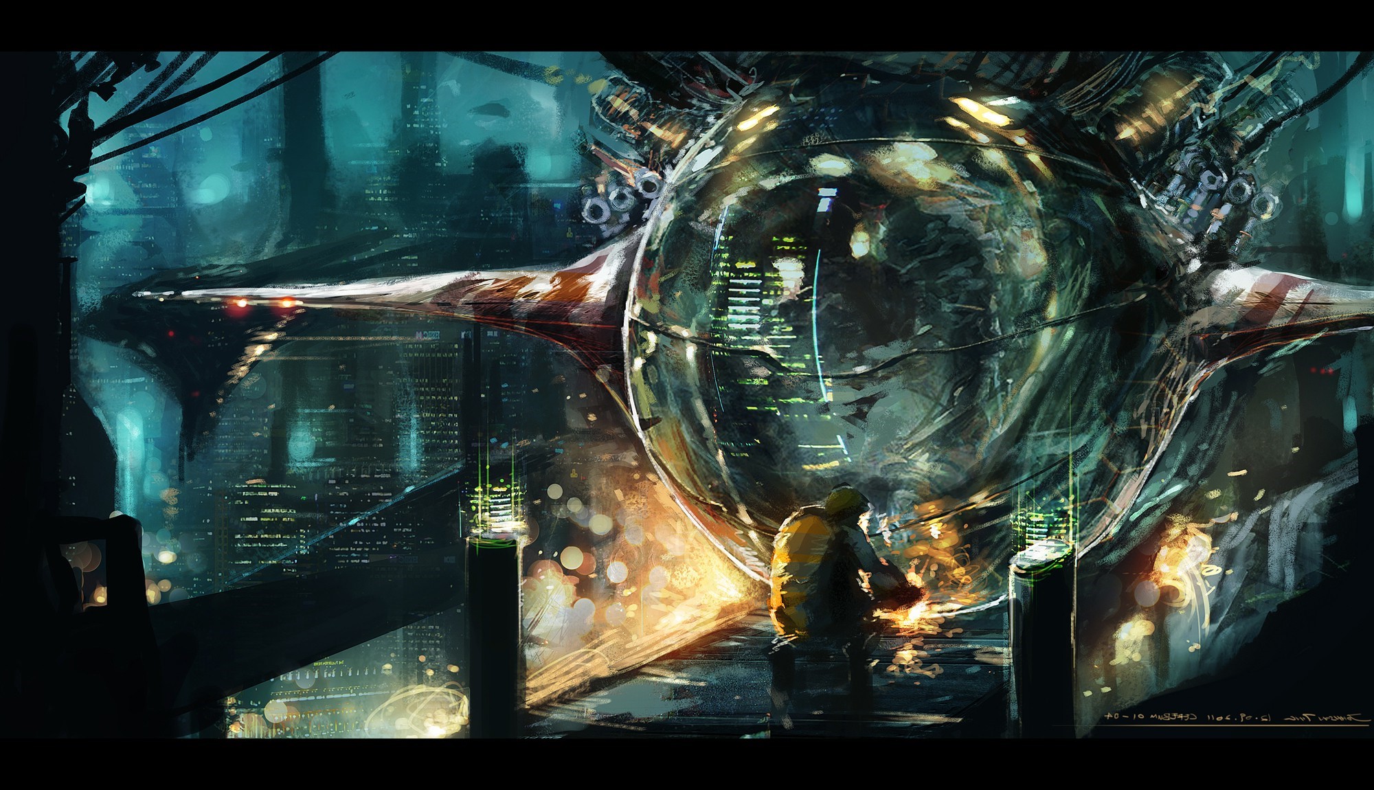Concept art of a futuristic spaceship in a city HD Wallpaper