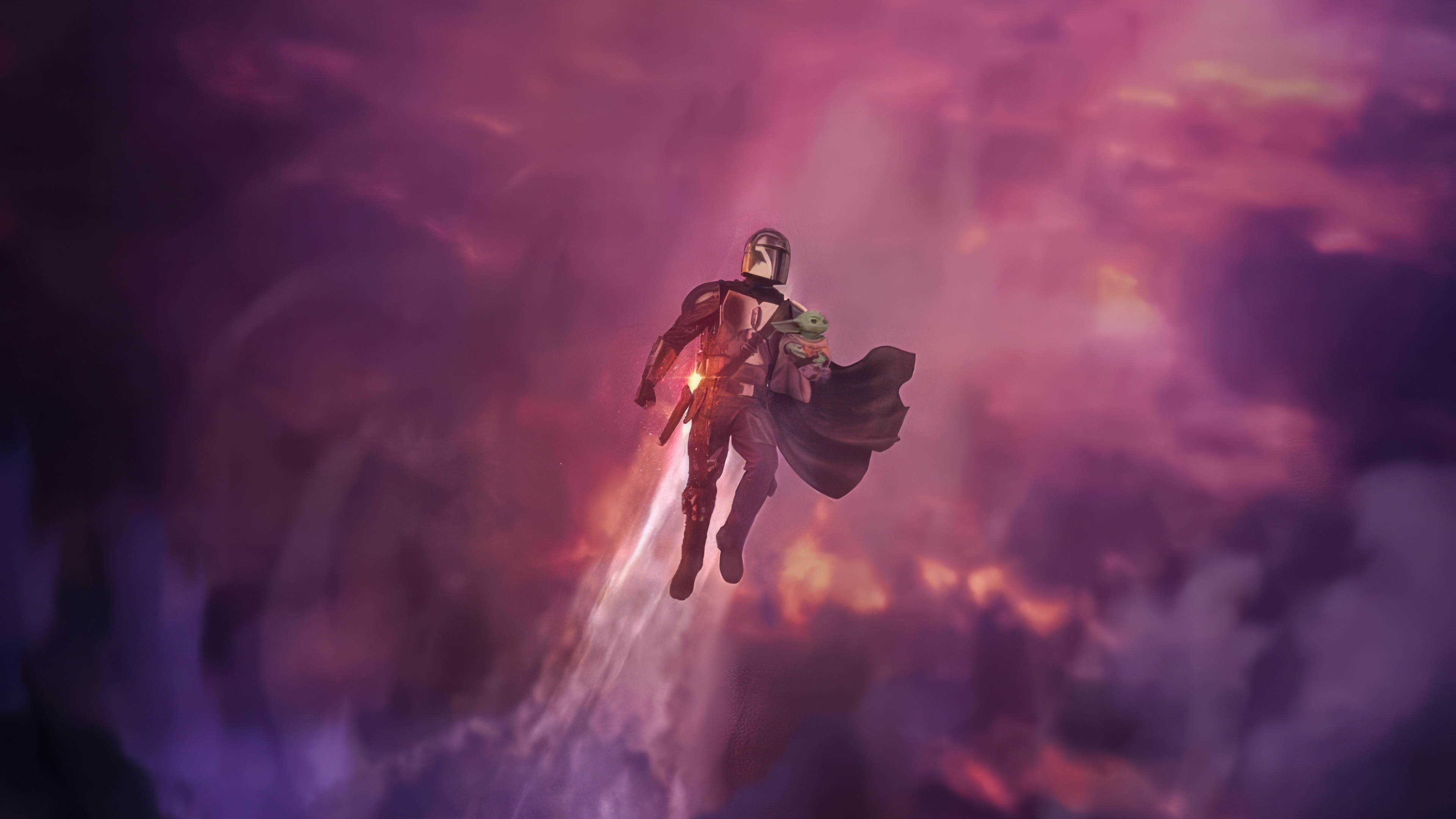 The Mandalorian and Grogu Flying Through Clouds HD Wallpaper