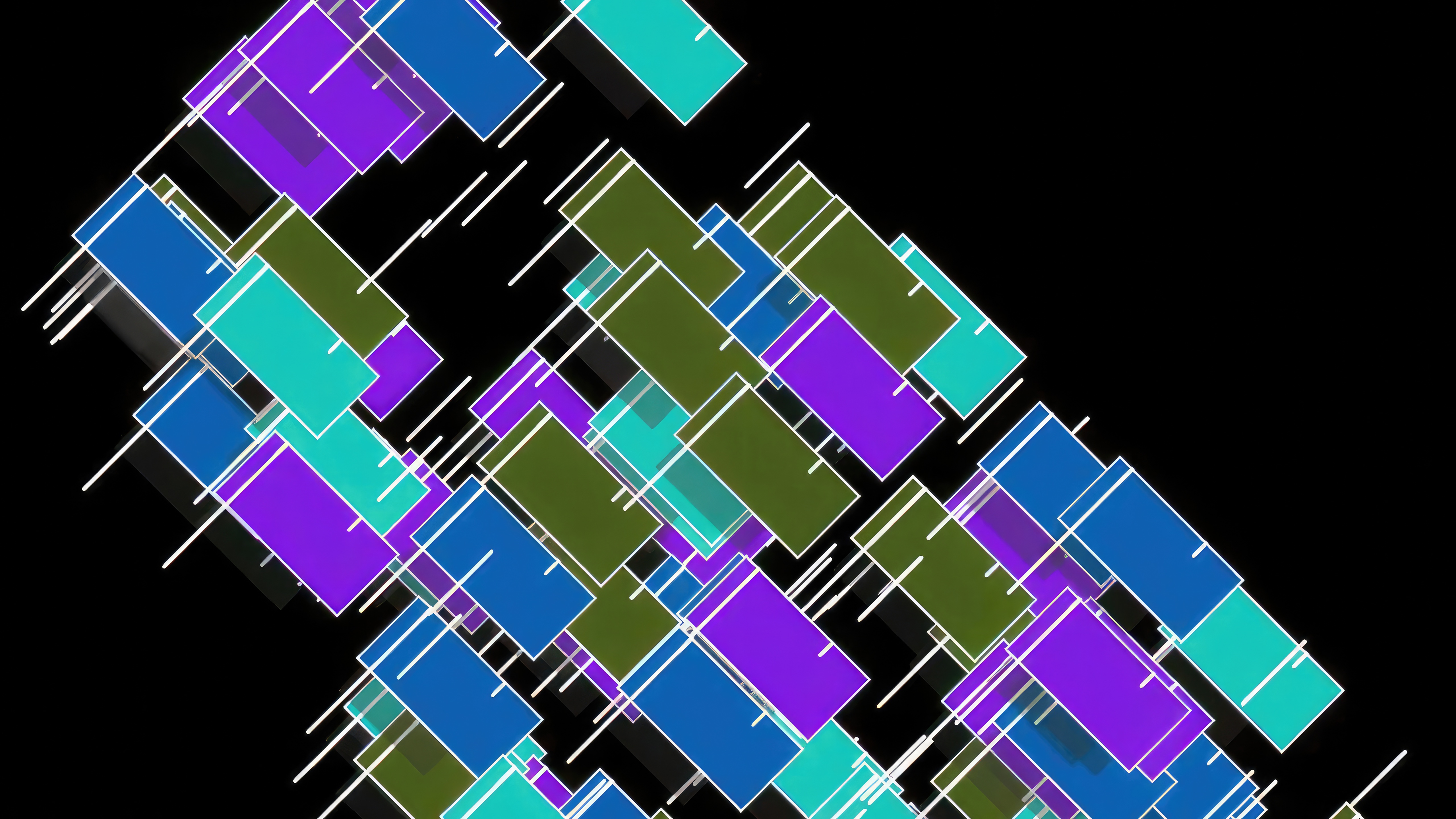 Abstract geometric shapes with purple, blue, and green rectangles on black HD Wallpaper