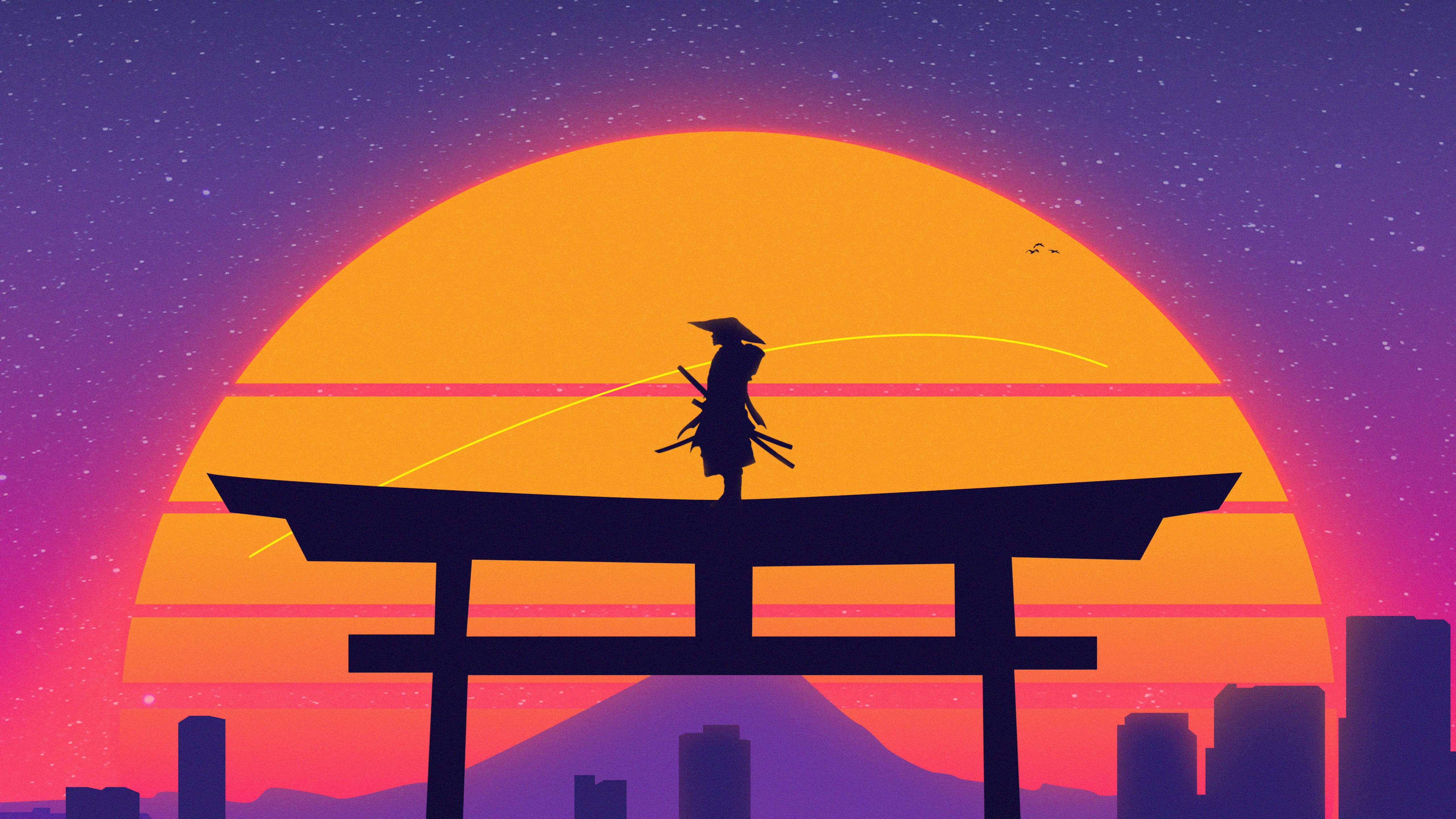Samurai Warrior on Torii Gate at Sunset HD Wallpaper