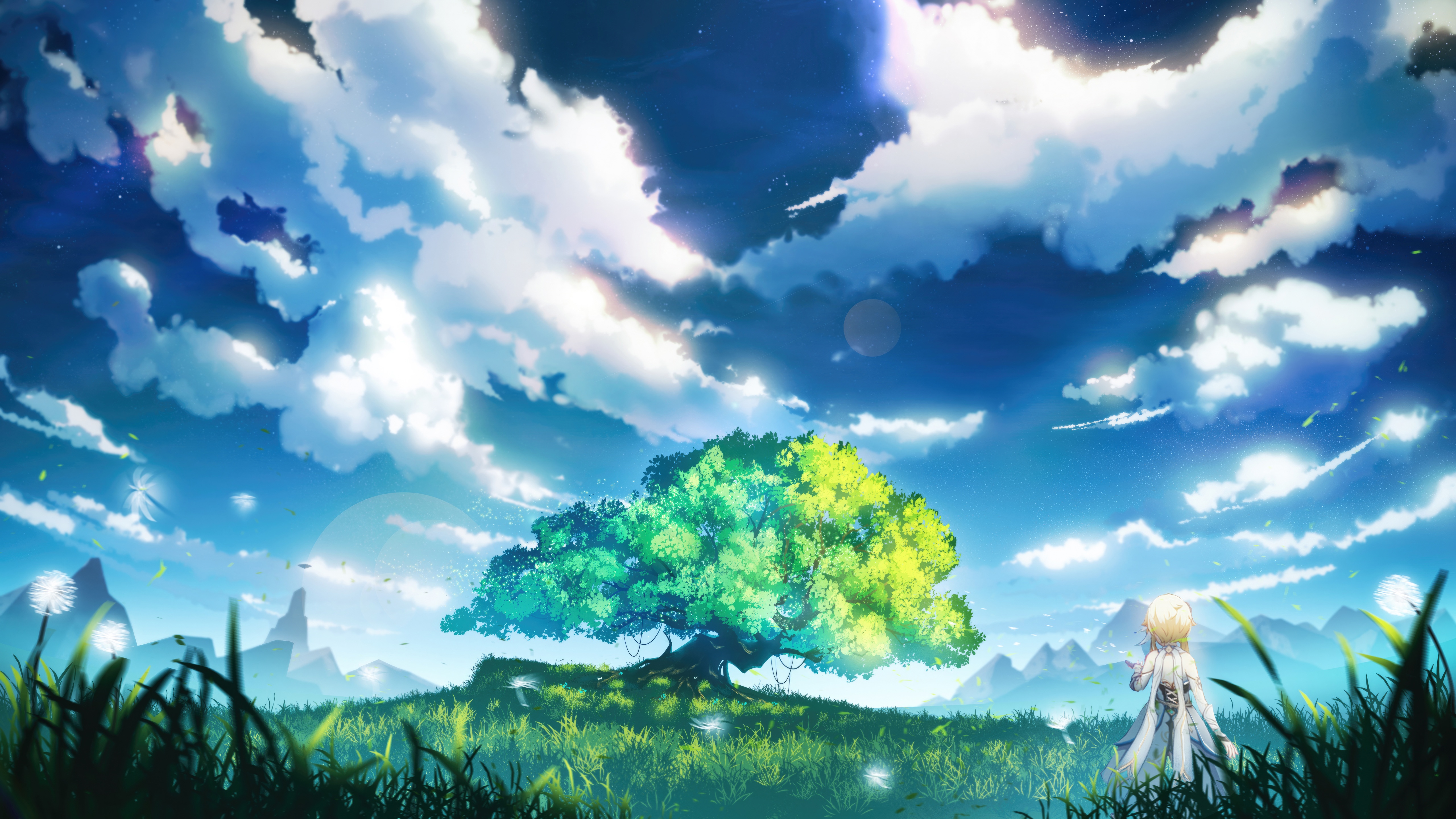 Genshin Impact: A lone traveler beneath a vast sky HD Wallpaper