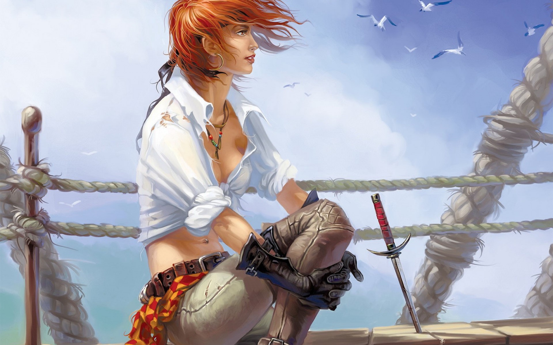 Pirate woman with red hair and sword on a ship HD Wallpaper