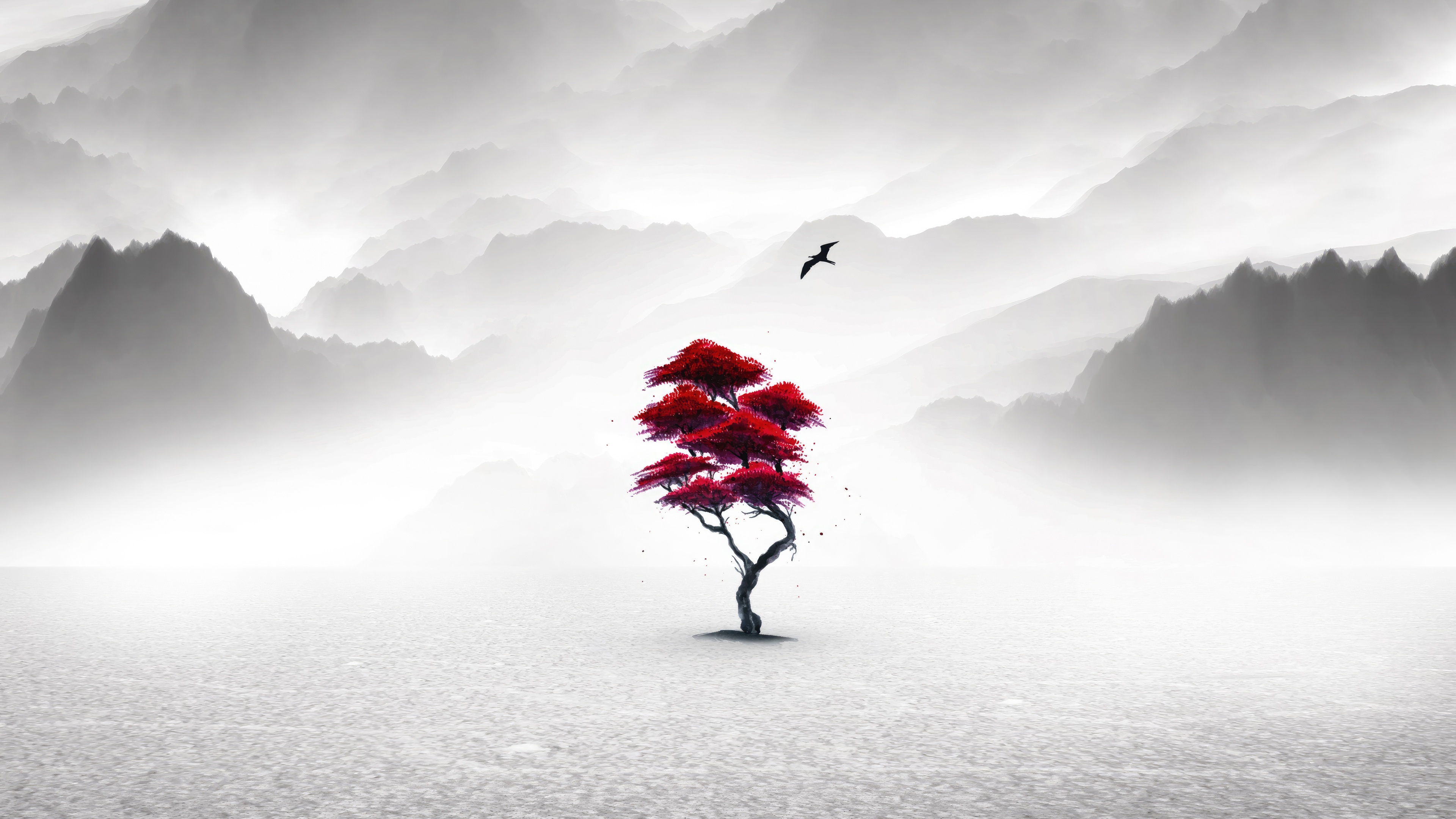 A lone red tree in a misty mountain landscape HD Wallpaper