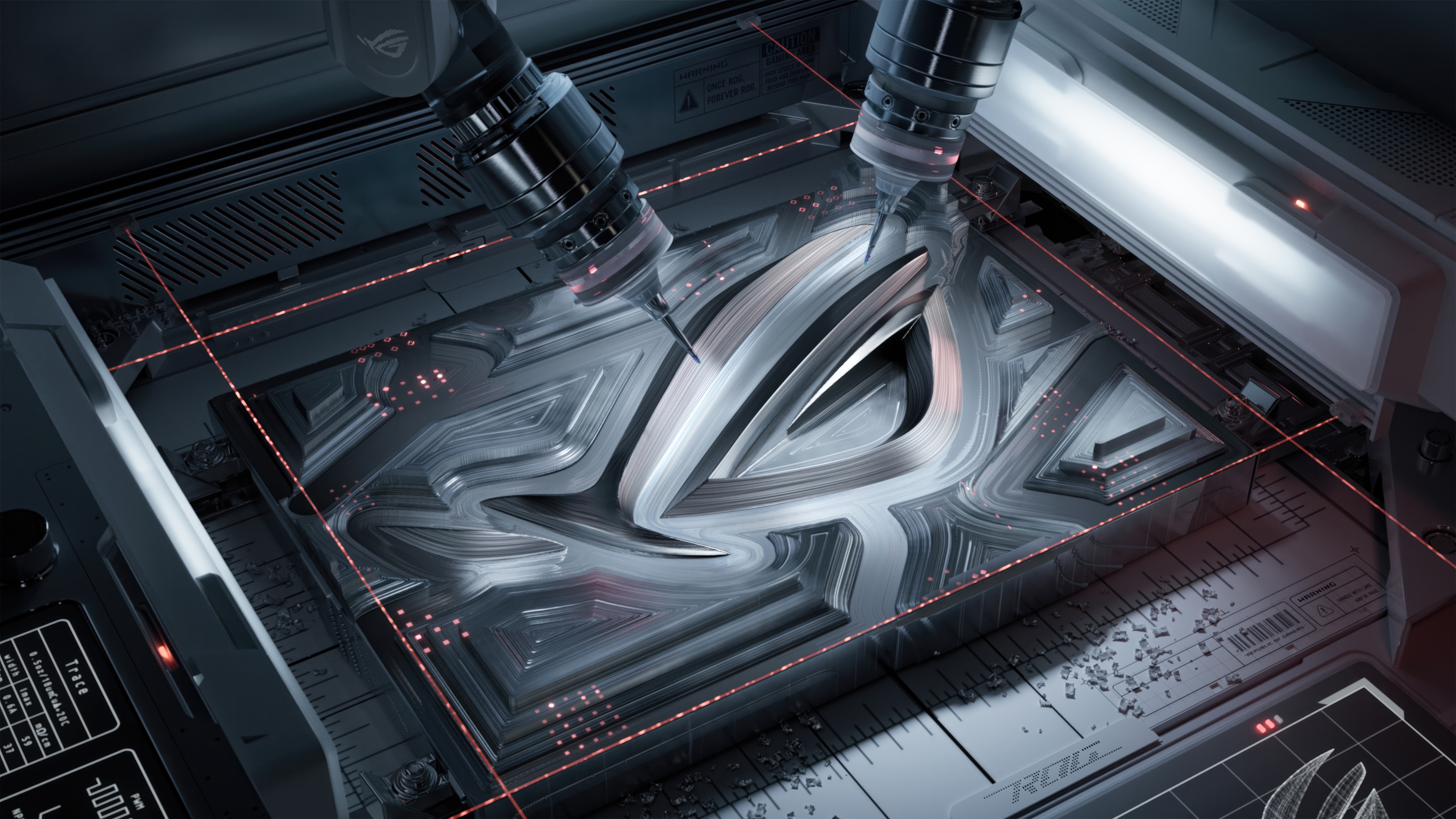 Asus ROG logo being engraved by robotic arms HD Wallpaper