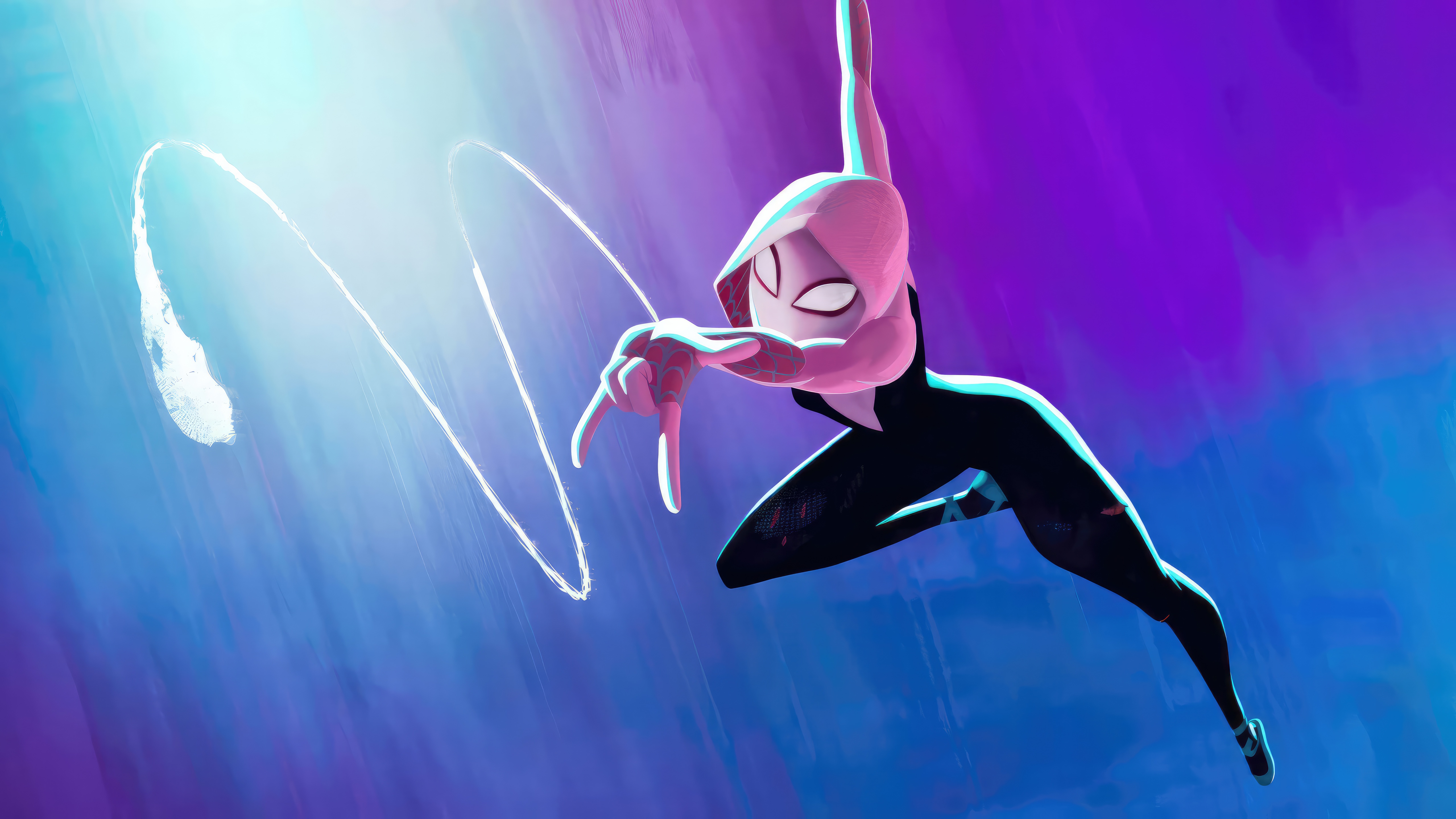 Gwen Stacy as Spider-Gwen swings through a purple and blue background HD Wallpaper