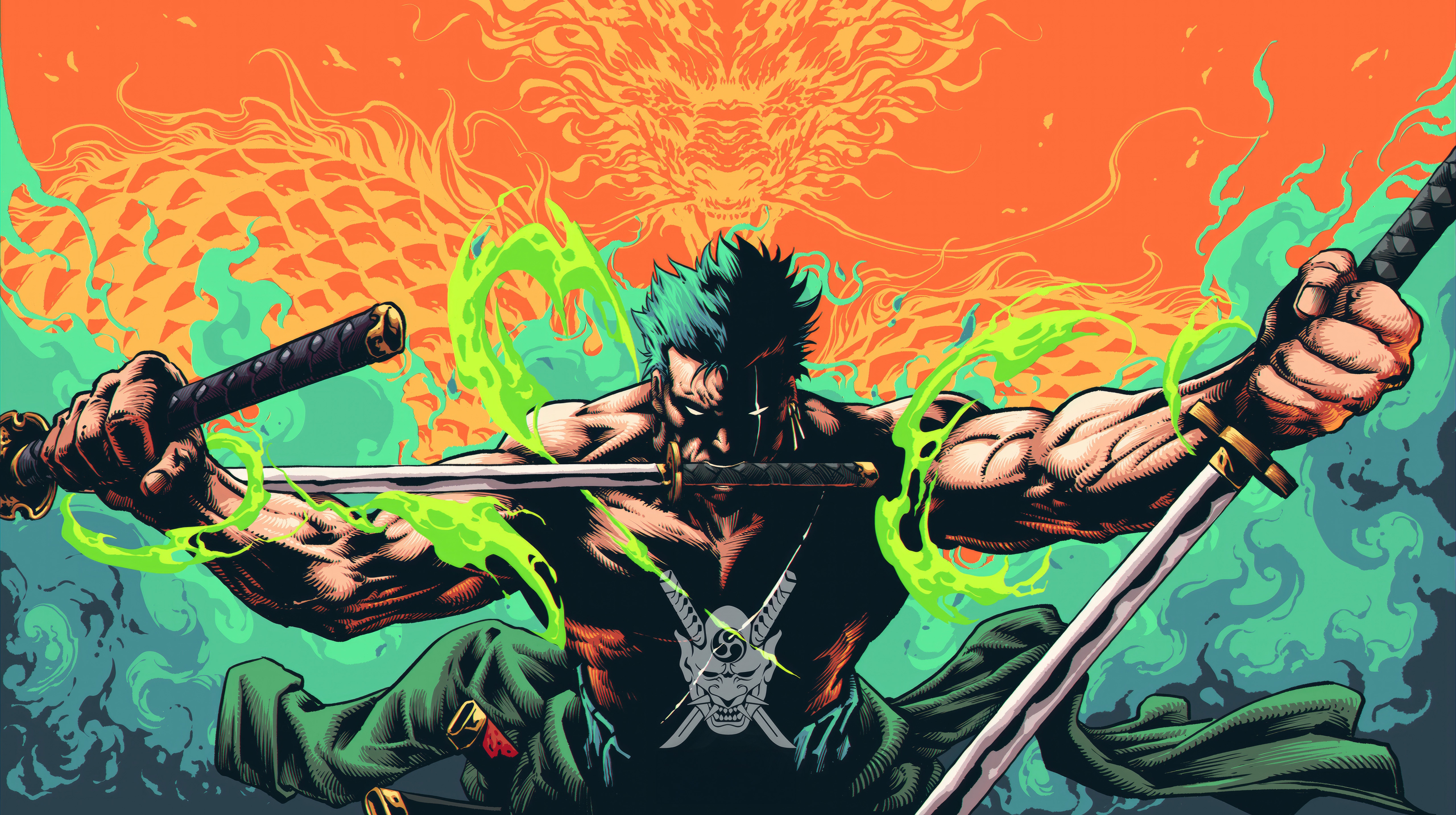 Roronoa Zoro with three swords and dragon background HD Wallpaper