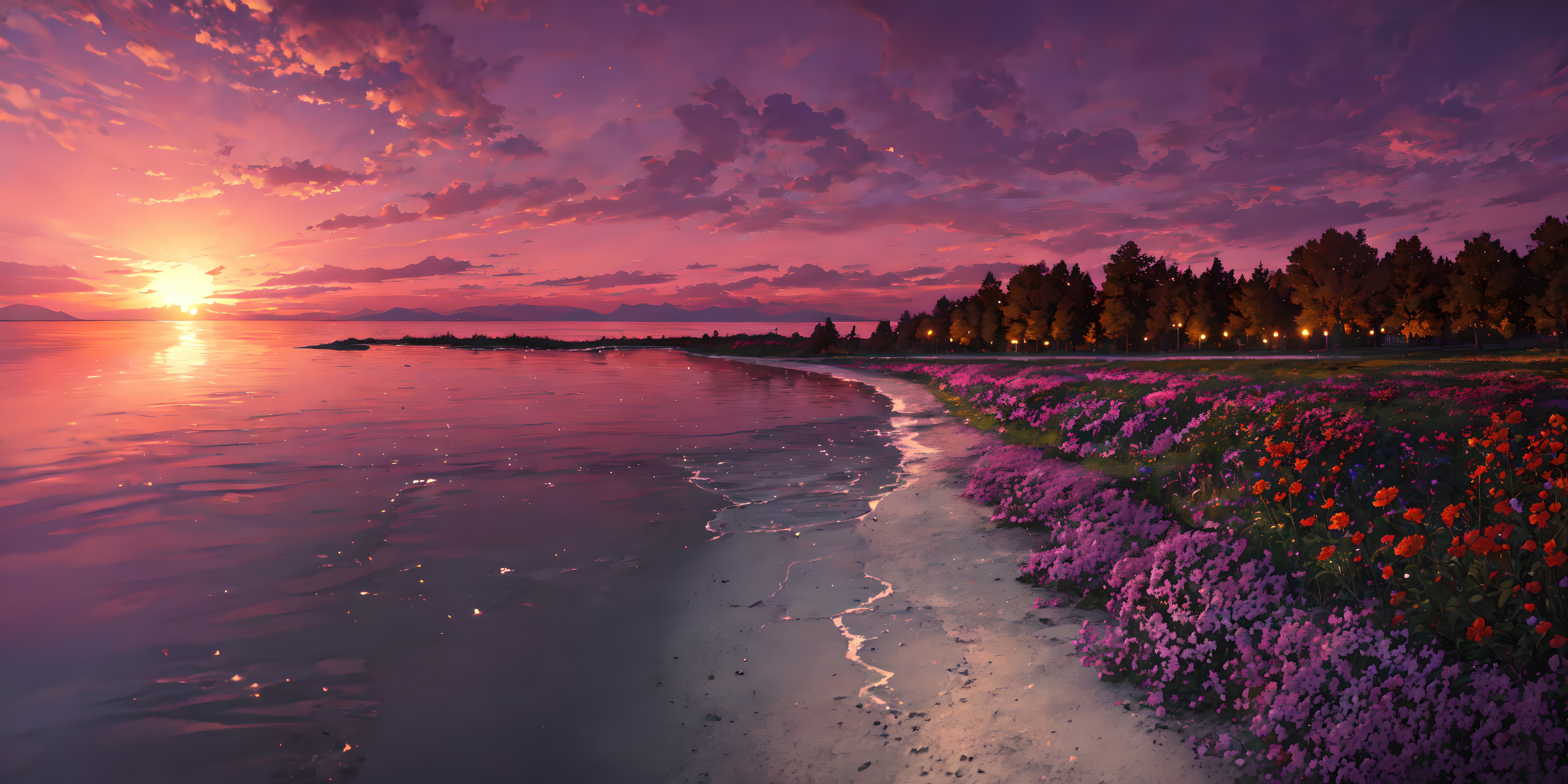 Anime Sunset Over Water with Flowers and Trees HD Wallpaper